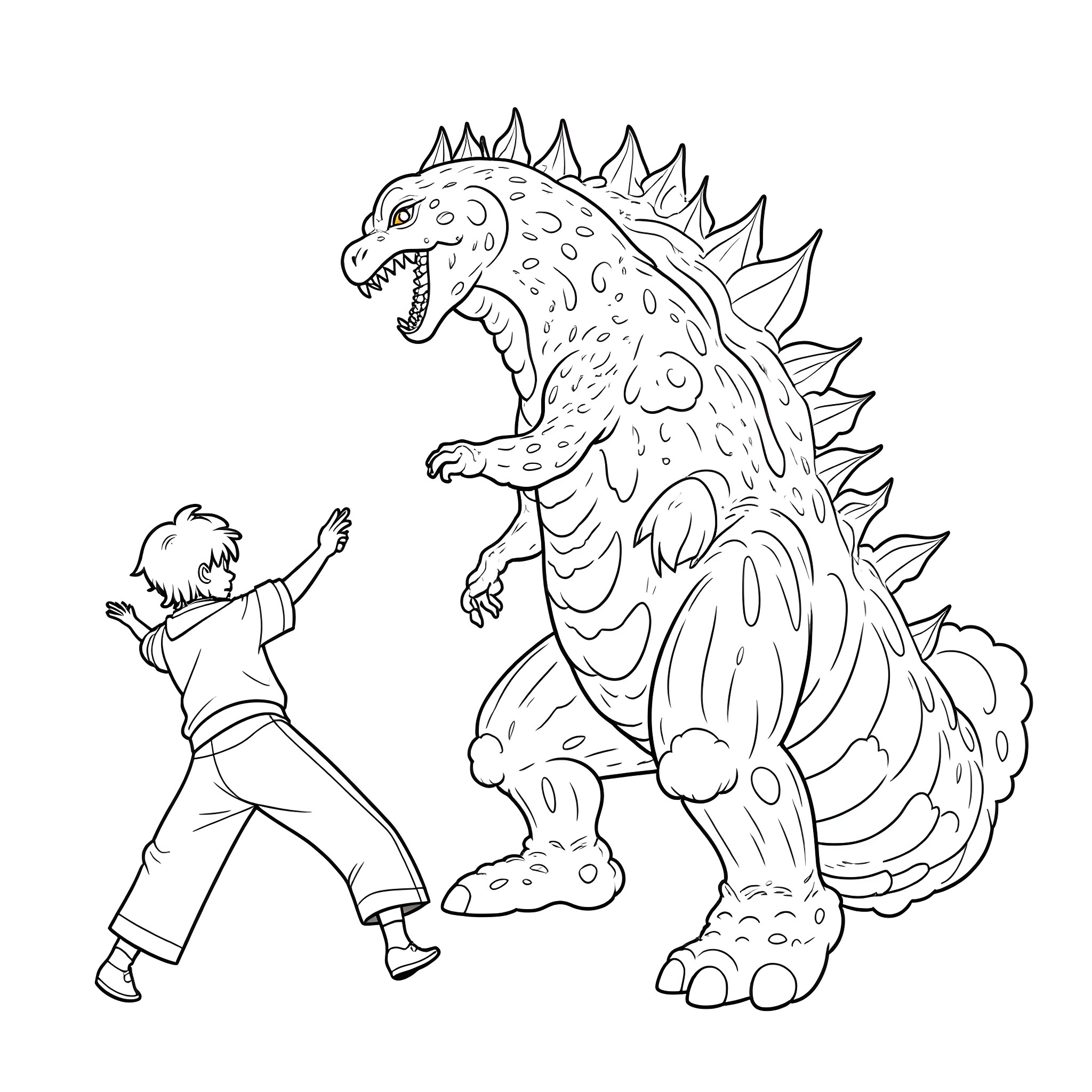 Anime Character confronting a giant monster Coloring Page (free black-and-white line drawing printable PDF for all, from beginners to advanced learners, including children, teens, adults, and seniors)