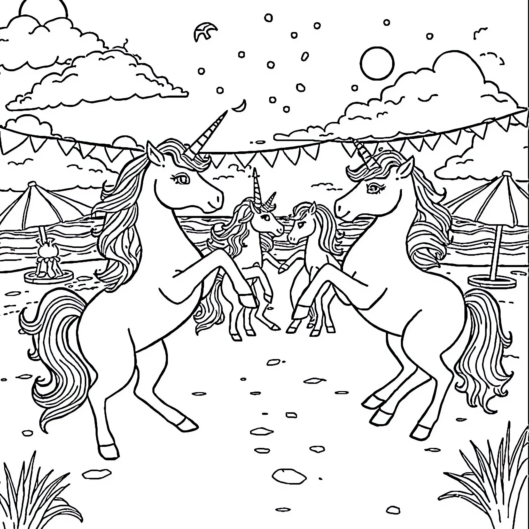 Unicorn Carnival Celebration on the Beach Coloring Page (free black-and-white line drawing printable PDF for all, from beginners to advanced learners, including children, teens, adults, and seniors)
