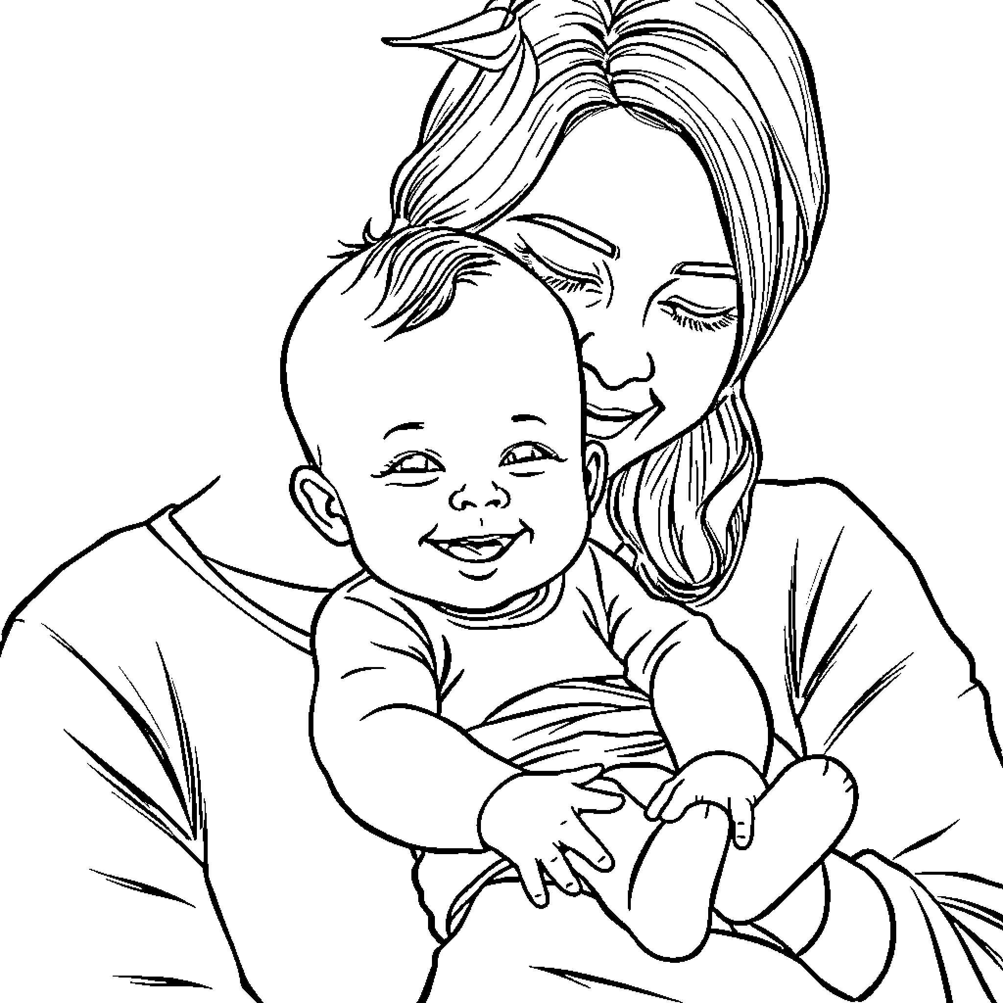Mother's tender embrace with her infant Coloring Page (free black-and-white line drawing printable PDF for all, from beginners to advanced learners, including children, teens, adults, and seniors)