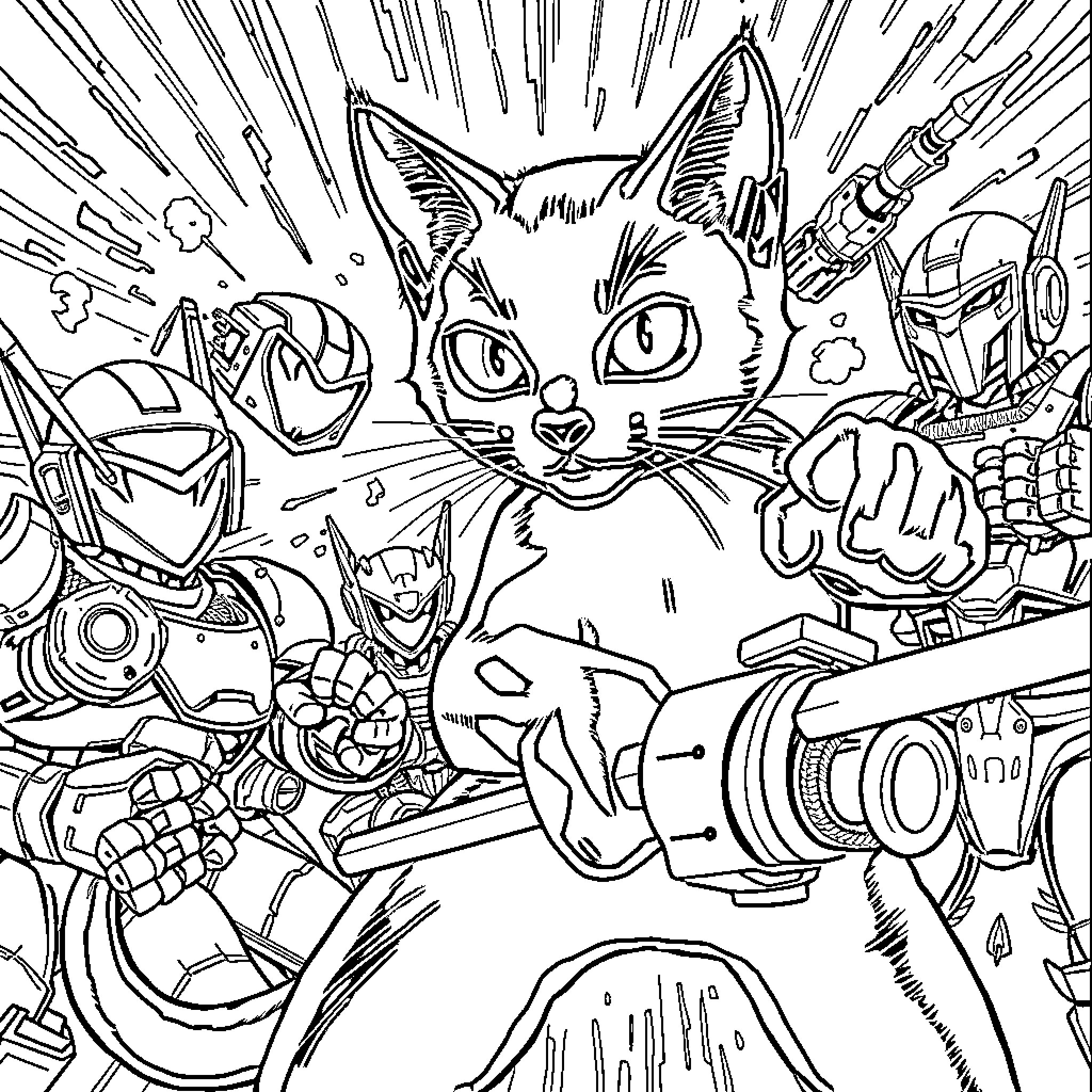Cat in Action-Packed Sci-Fi Adventure Coloring Page (free black-and-white line drawing printable PDF for all, from beginners to advanced learners, including children, teens, adults, and seniors)