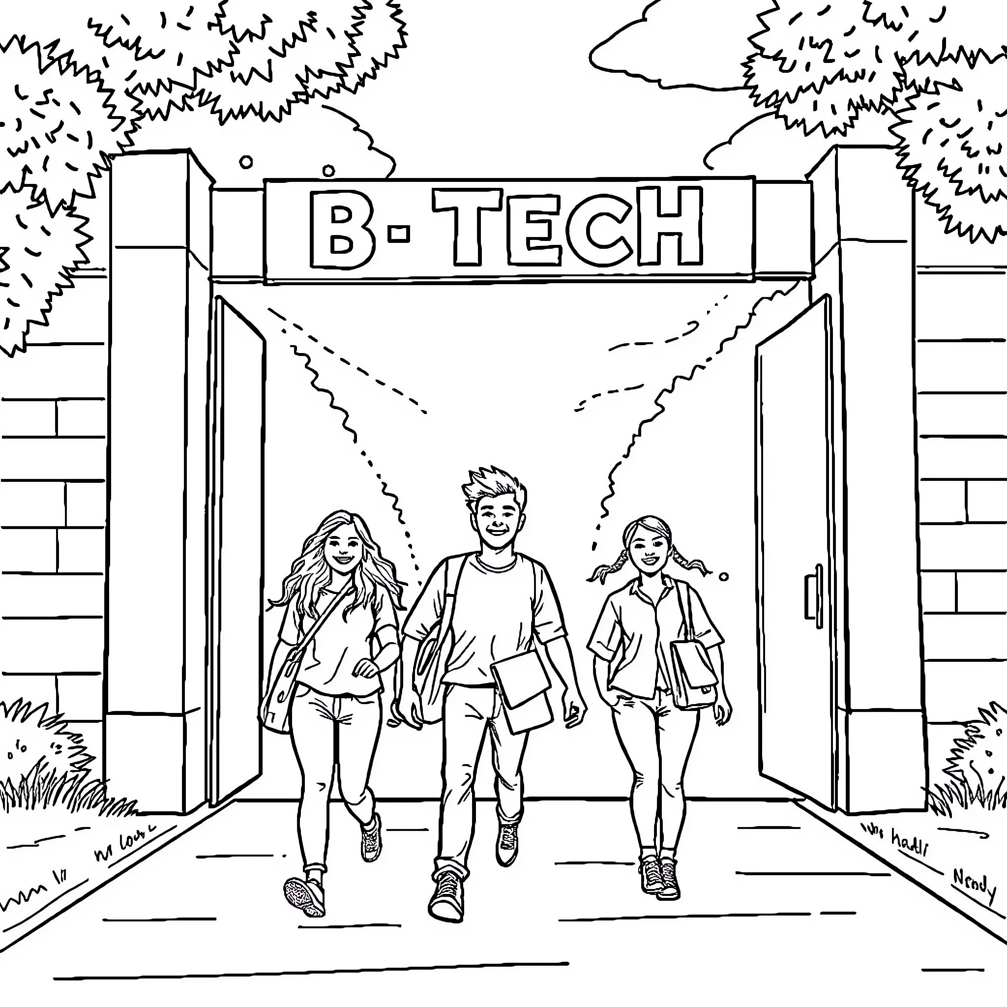 Friend's adventure at the tech campus Coloring Page (free black-and-white line drawing printable PDF for all, from beginners to advanced learners, including children, teens, adults, and seniors)