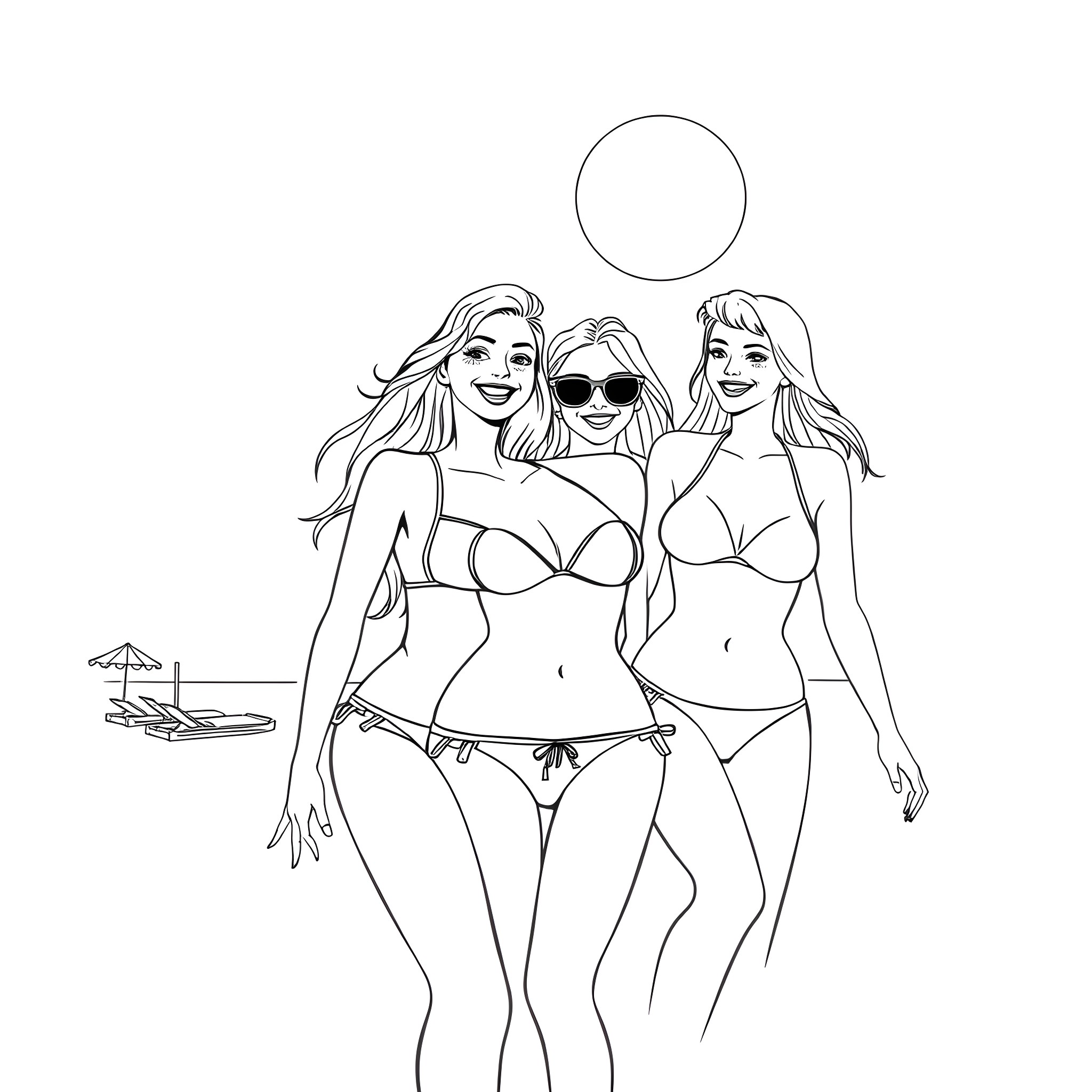 Bikini Girls Enjoying the Beach Coloring Page (free black-and-white line drawing printable PDF for all, from beginners to advanced learners, including children, teens, adults, and seniors)