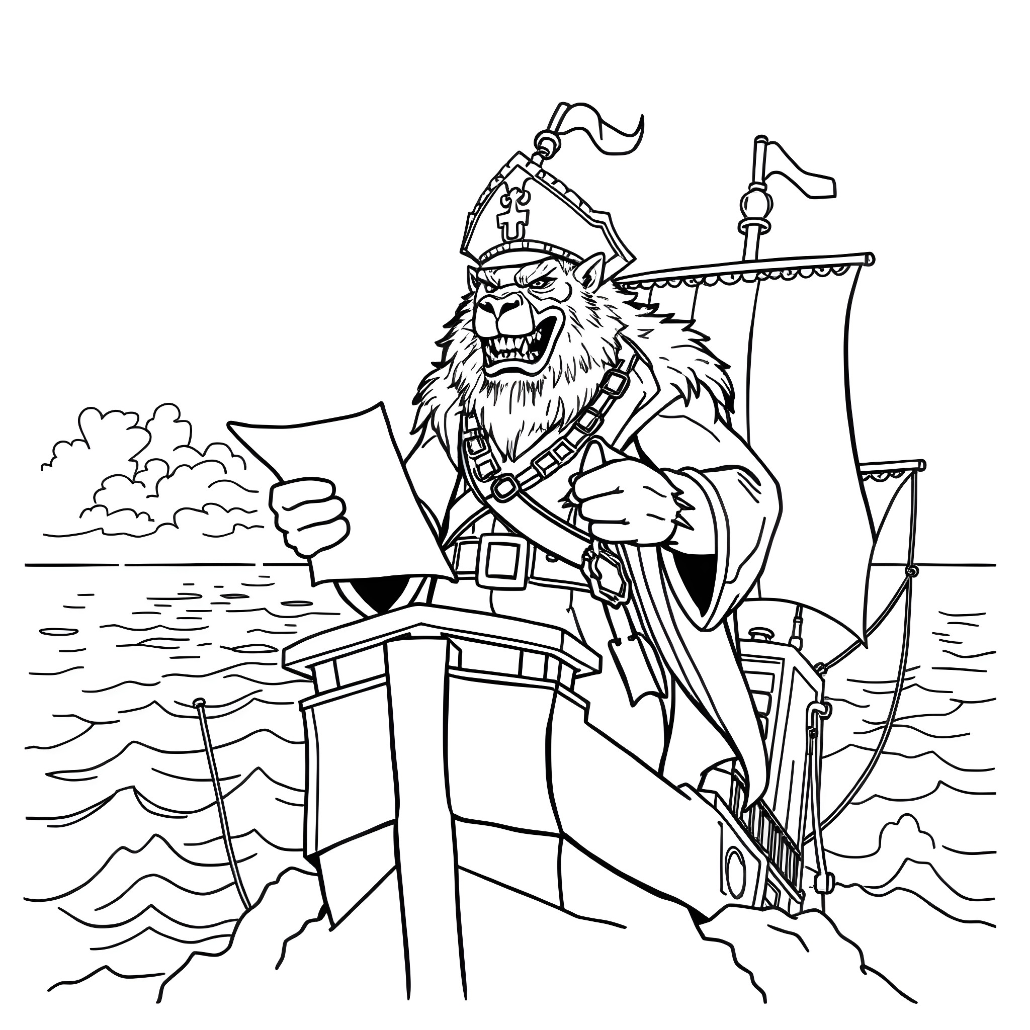 Captain Sabertooth navigating his pirate ship on the high seas Coloring Page (free black-and-white line drawing printable PDF for all, from beginners to advanced learners, including children, teens, adults, and seniors)