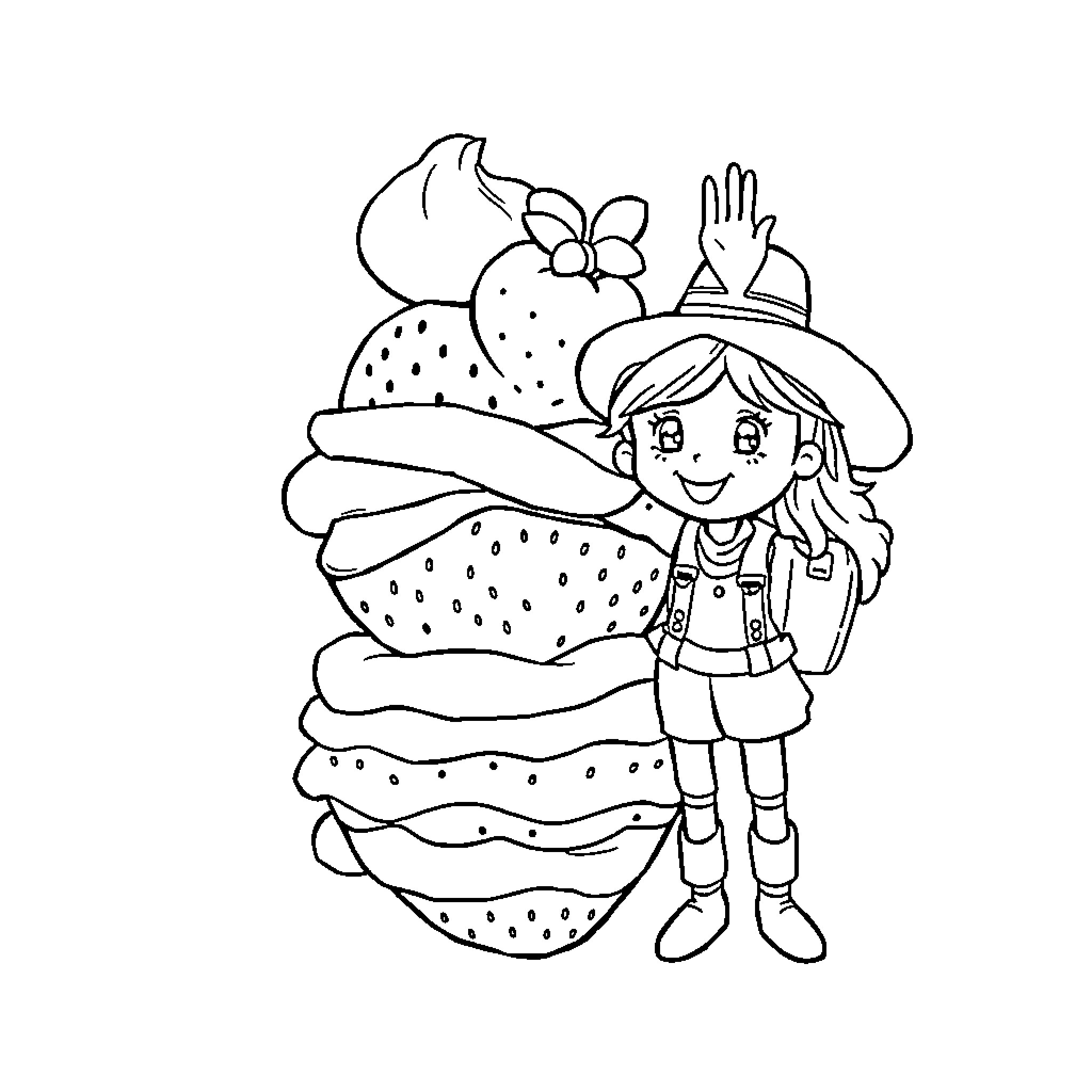 Strawberry Shortcake girl exploring delicious desserts Coloring Page (free black-and-white line drawing printable PDF for all, from beginners to advanced learners, including children, teens, adults, and seniors)