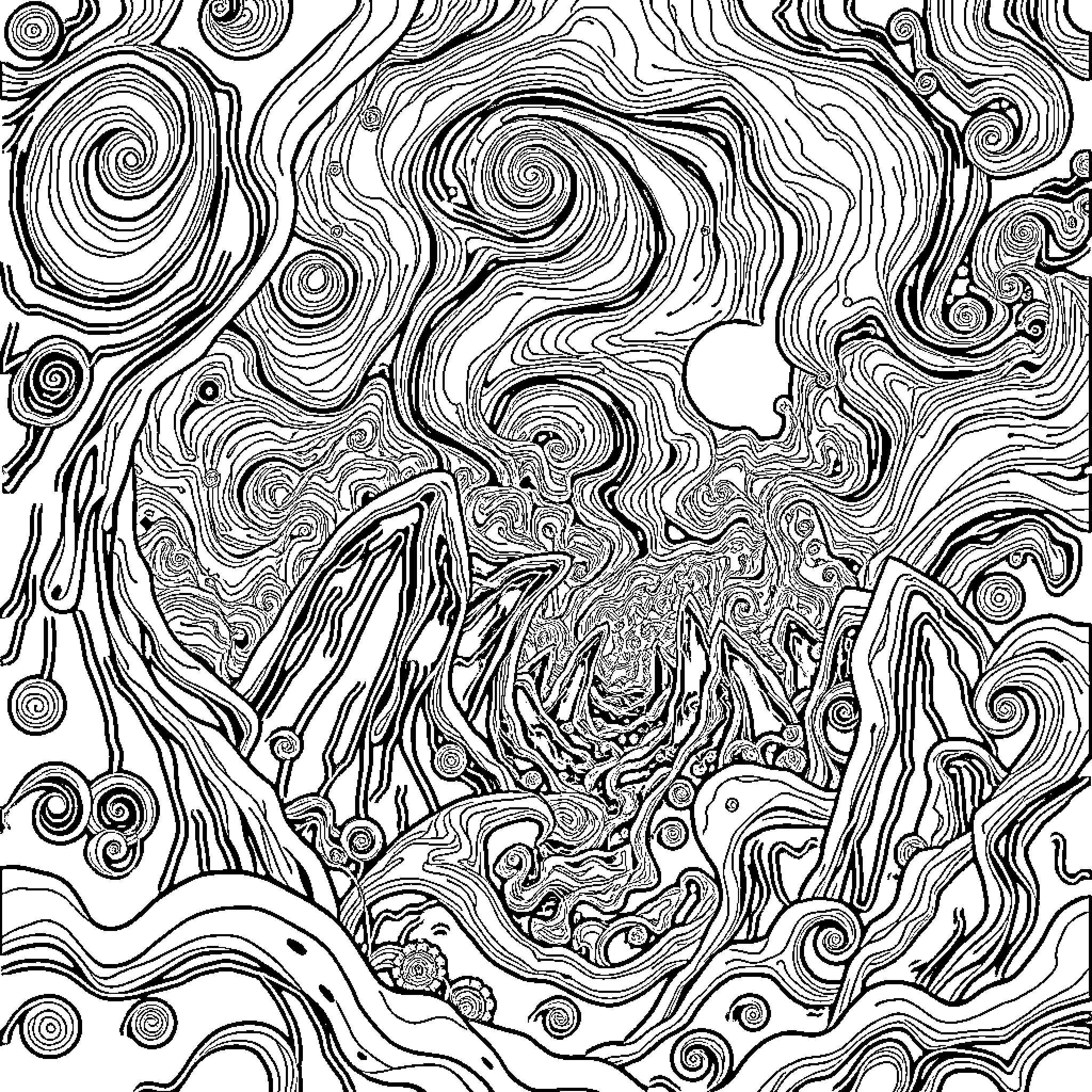 Trippy Surreal Swirling Patterns and Shapes Coloring Page (free black-and-white line drawing printable PDF for all, from beginners to advanced learners, including children, teens, adults, and seniors)