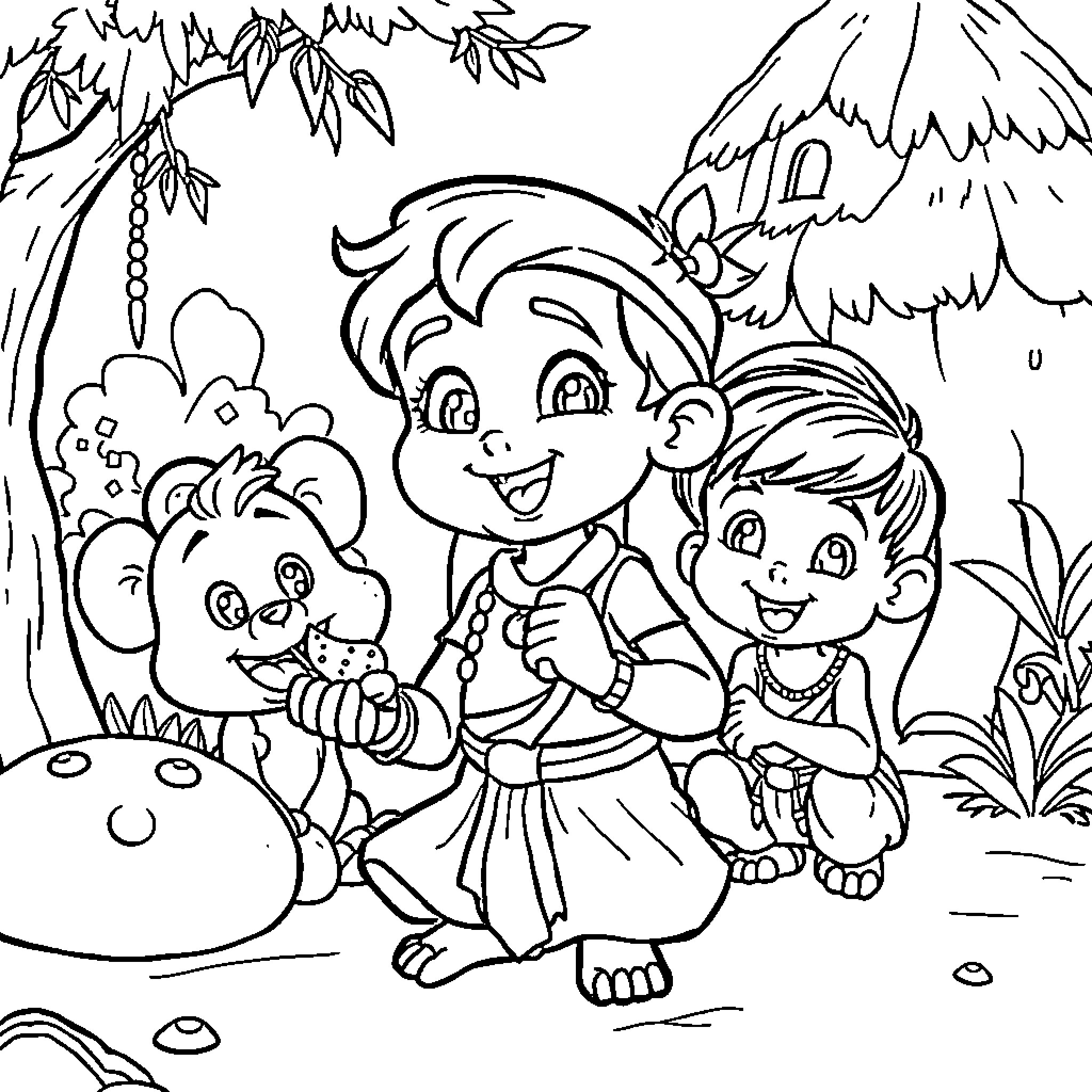 Chota Bheem and Friends Explore the Wilderness Coloring Page (free black-and-white line drawing printable PDF for all, from beginners to advanced learners, including children, teens, adults, and seniors)