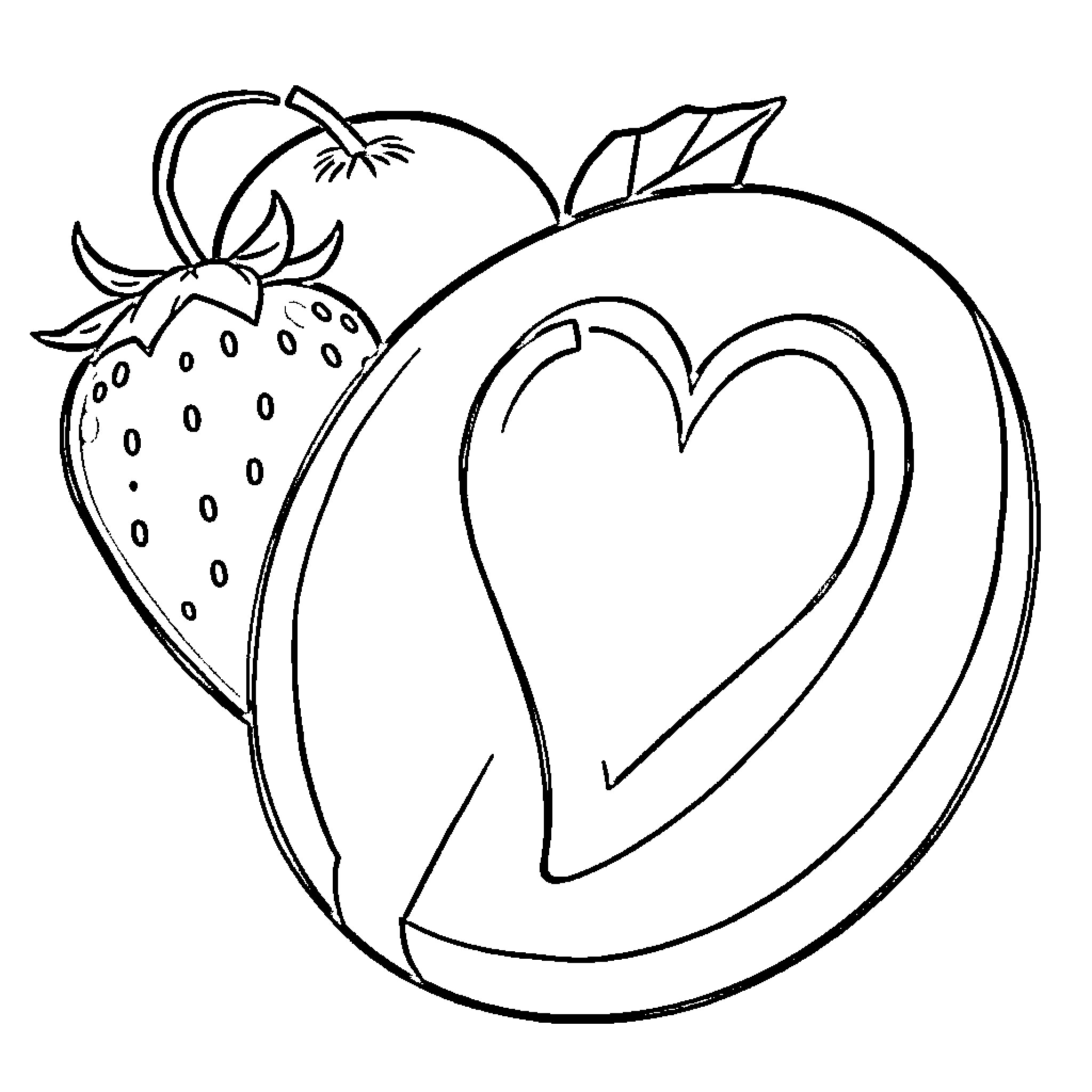 Fruit heart-shaped design with strawberry Coloring Page (free black-and-white line drawing printable PDF for all, from beginners to advanced learners, including children, teens, adults, and seniors)
