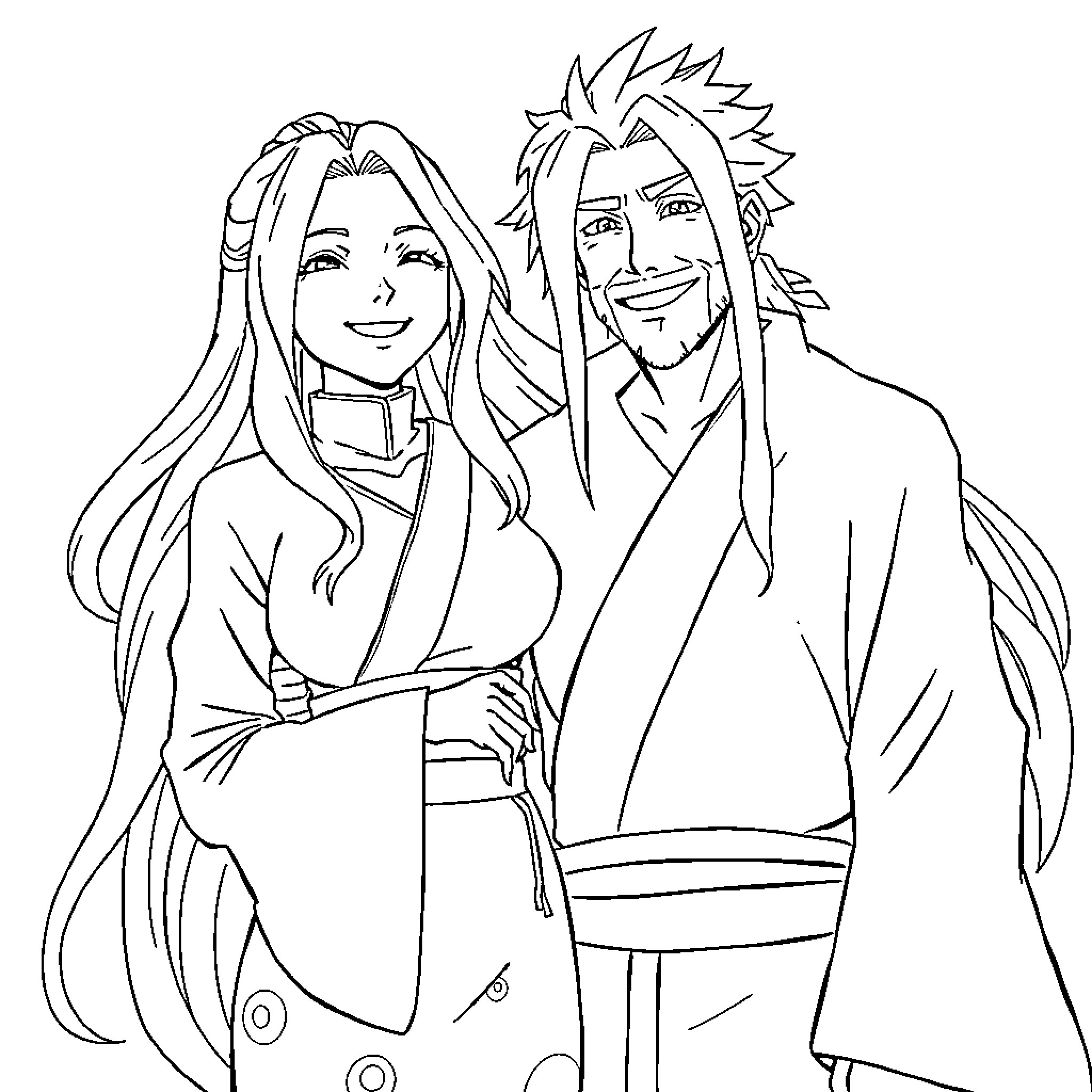 Tsunade and Character in Friendly Embrace Coloring Page (free black-and-white line drawing printable PDF for all, from beginners to advanced learners, including children, teens, adults, and seniors)