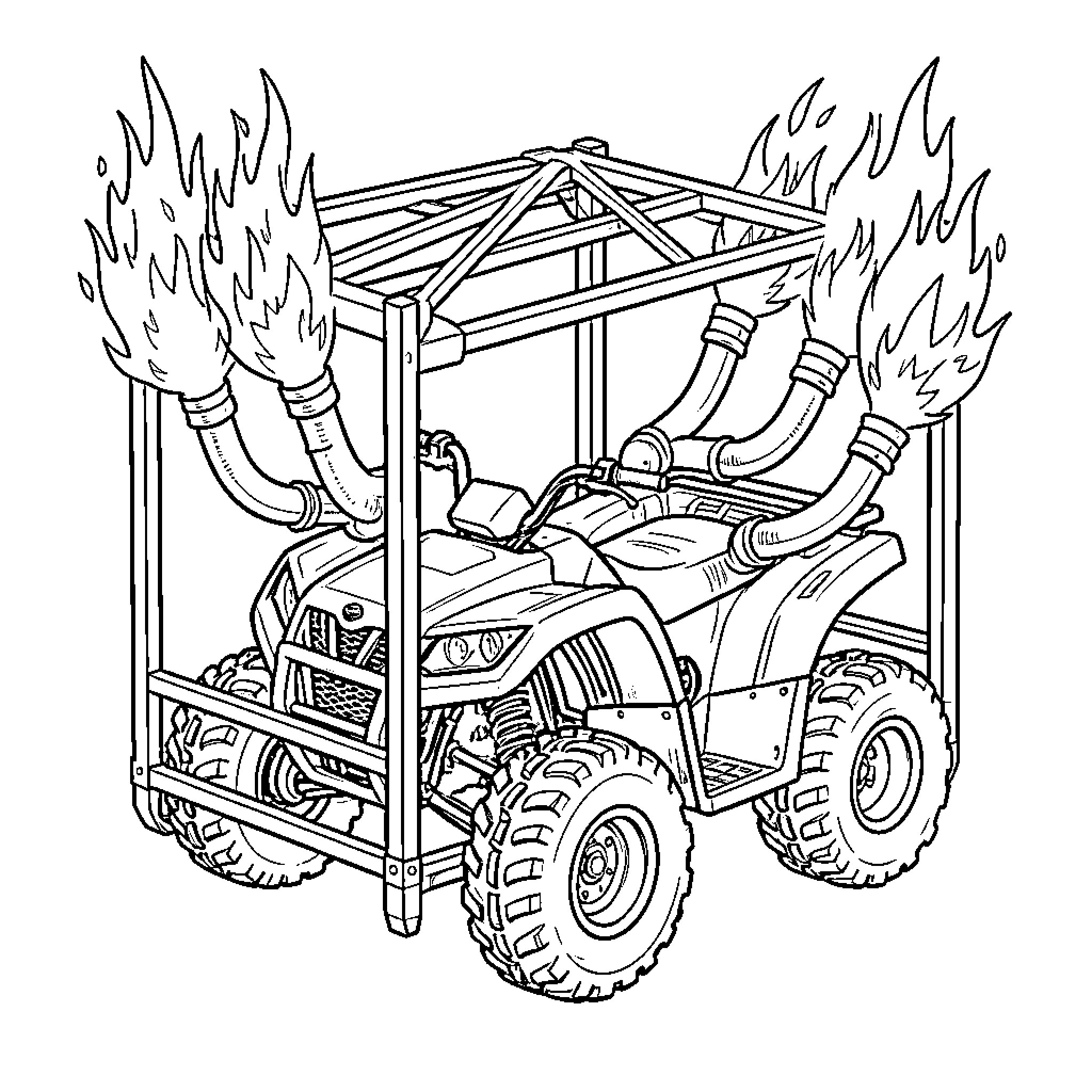 ATV with Flaming Accessories in Action Coloring Page (free black-and-white line drawing printable PDF for all, from beginners to advanced learners, including children, teens, adults, and seniors)