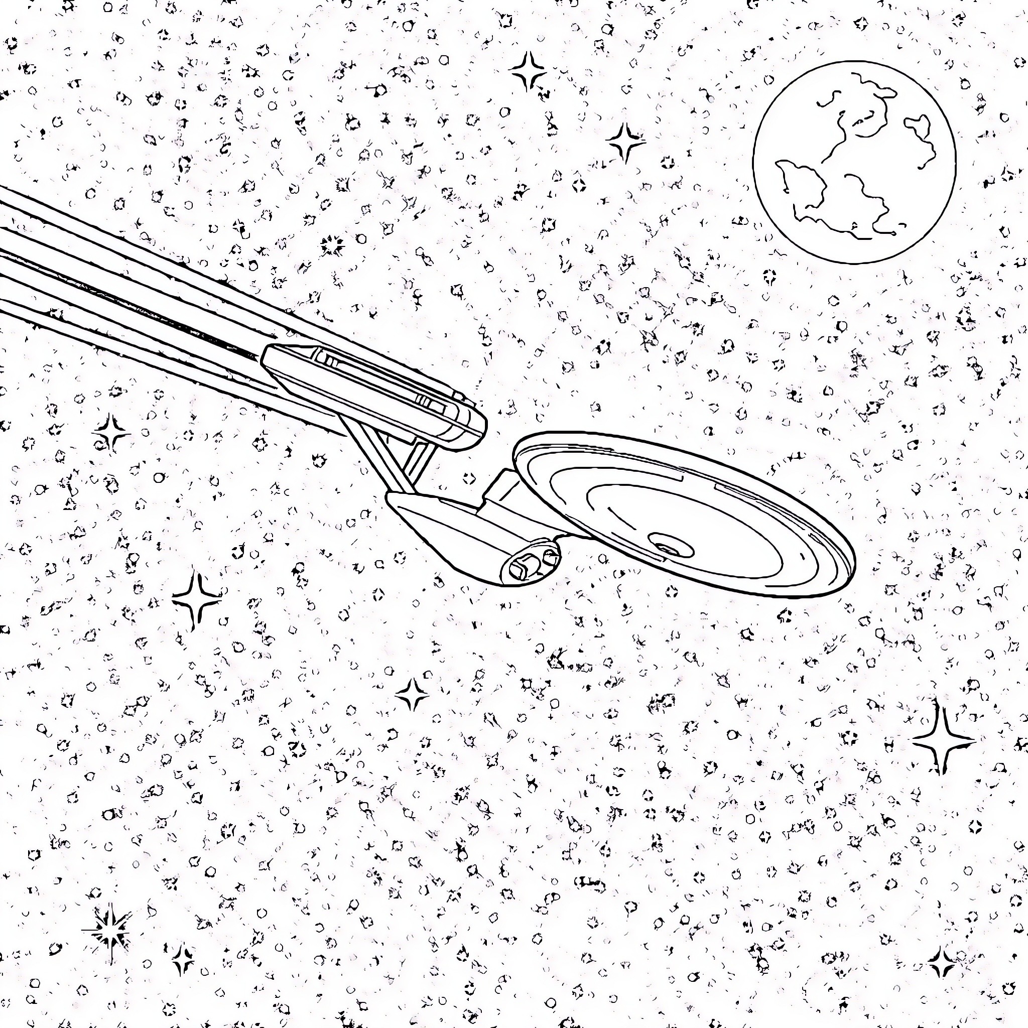 Starship Exploring the Galactic Landscape Coloring Page (free black-and-white line drawing printable PDF for all, from beginners to advanced learners, including children, teens, adults, and seniors)