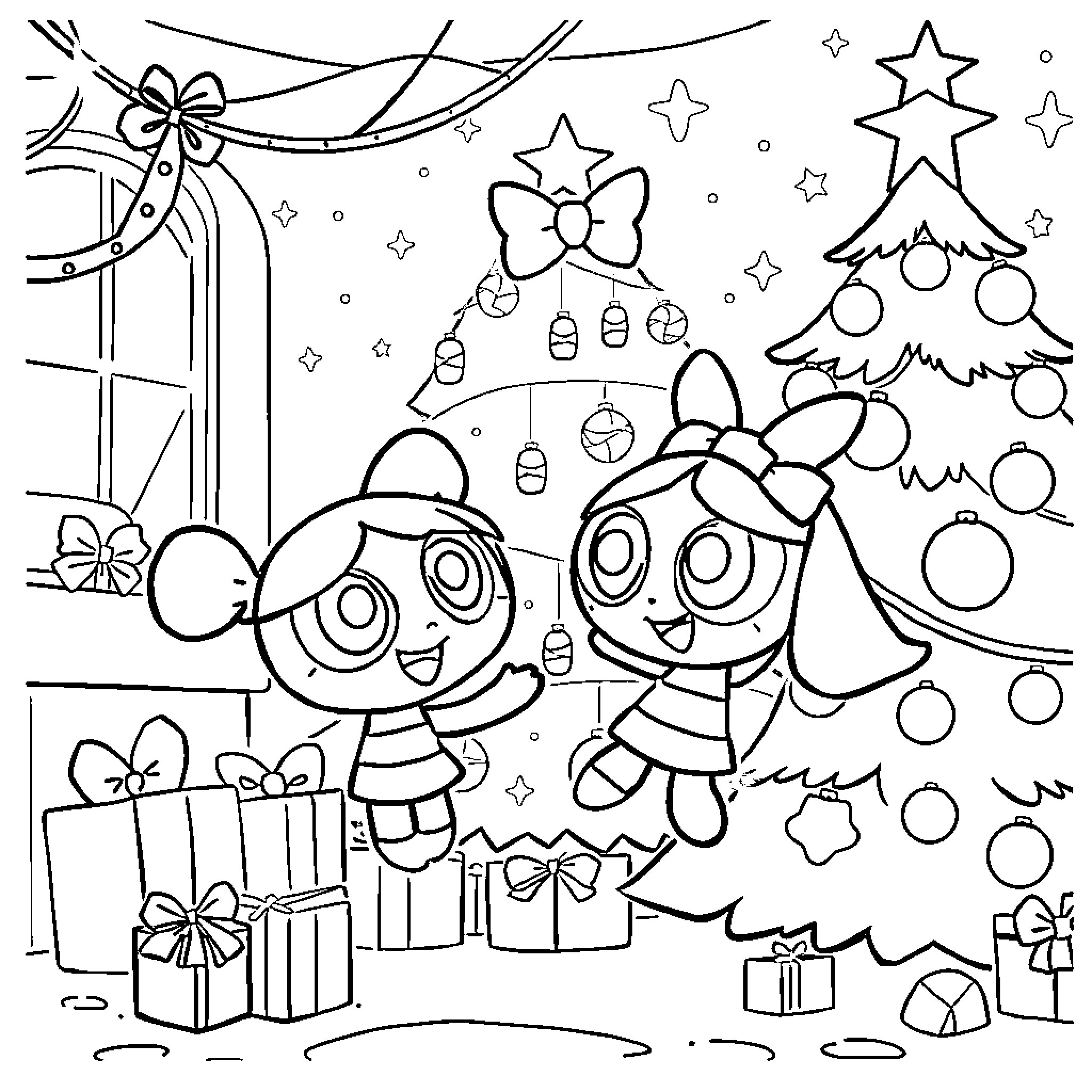 Bubbles celebrating Christmas with friends and gifts Coloring Page (free black-and-white line drawing printable PDF for all, from beginners to advanced learners, including children, teens, adults, and seniors)