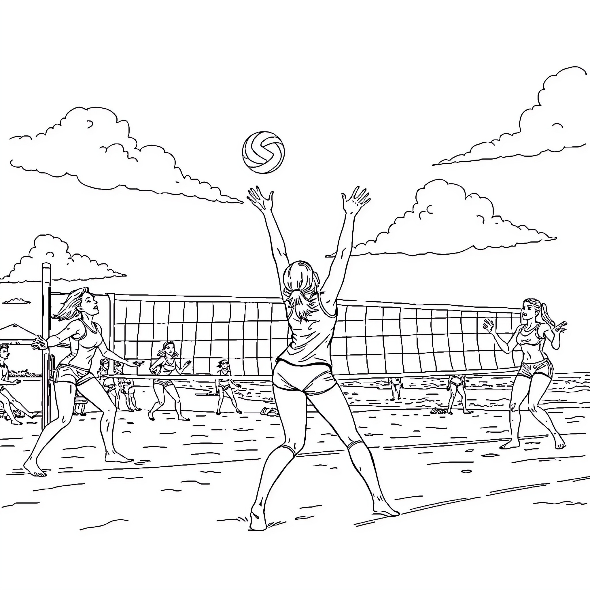 Female Volleyball Game on the Beach Coloring Page (free black-and-white line drawing printable PDF for all, from beginners to advanced learners, including children, teens, adults, and seniors)