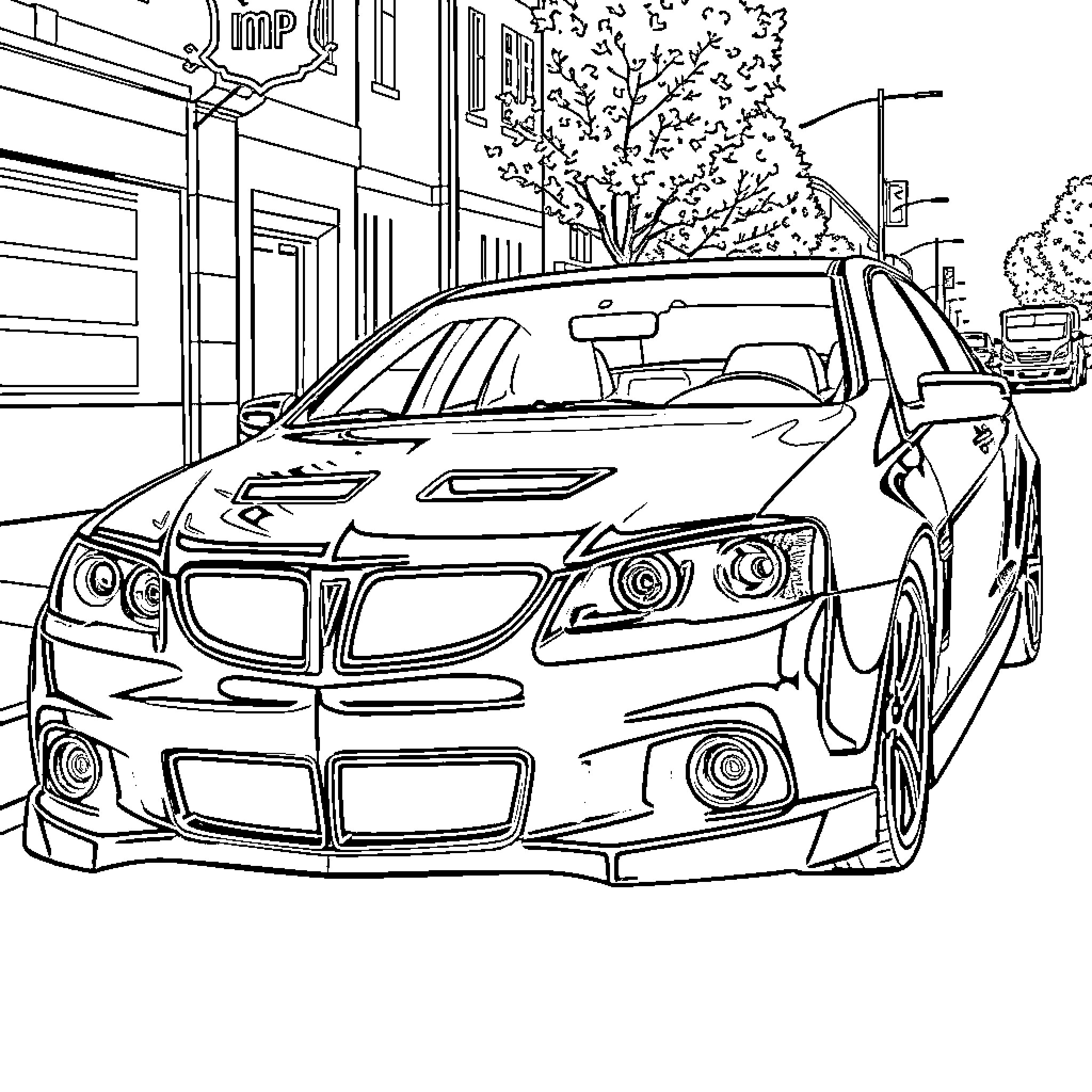 Pontiac sports car in urban setting Coloring Page (free black-and-white line drawing printable PDF for all, from beginners to advanced learners, including children, teens, adults, and seniors)