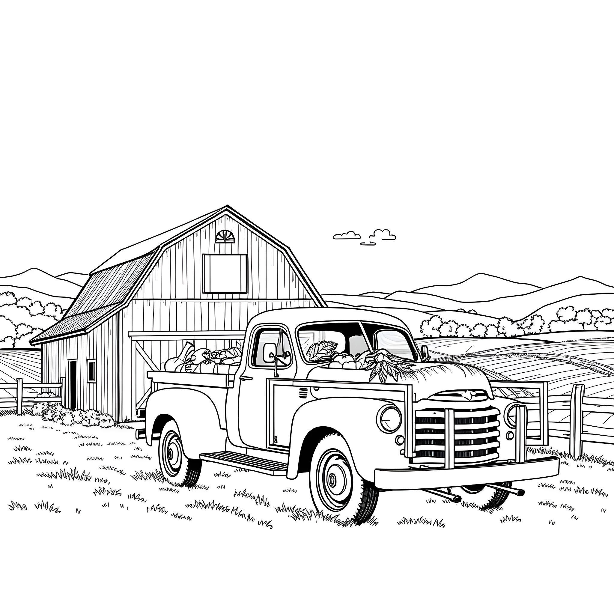 Farm Truck Carrying Pumpkins Near Rustic Barn Coloring Page (free black-and-white line drawing printable PDF for all, from beginners to advanced learners, including children, teens, adults, and seniors)