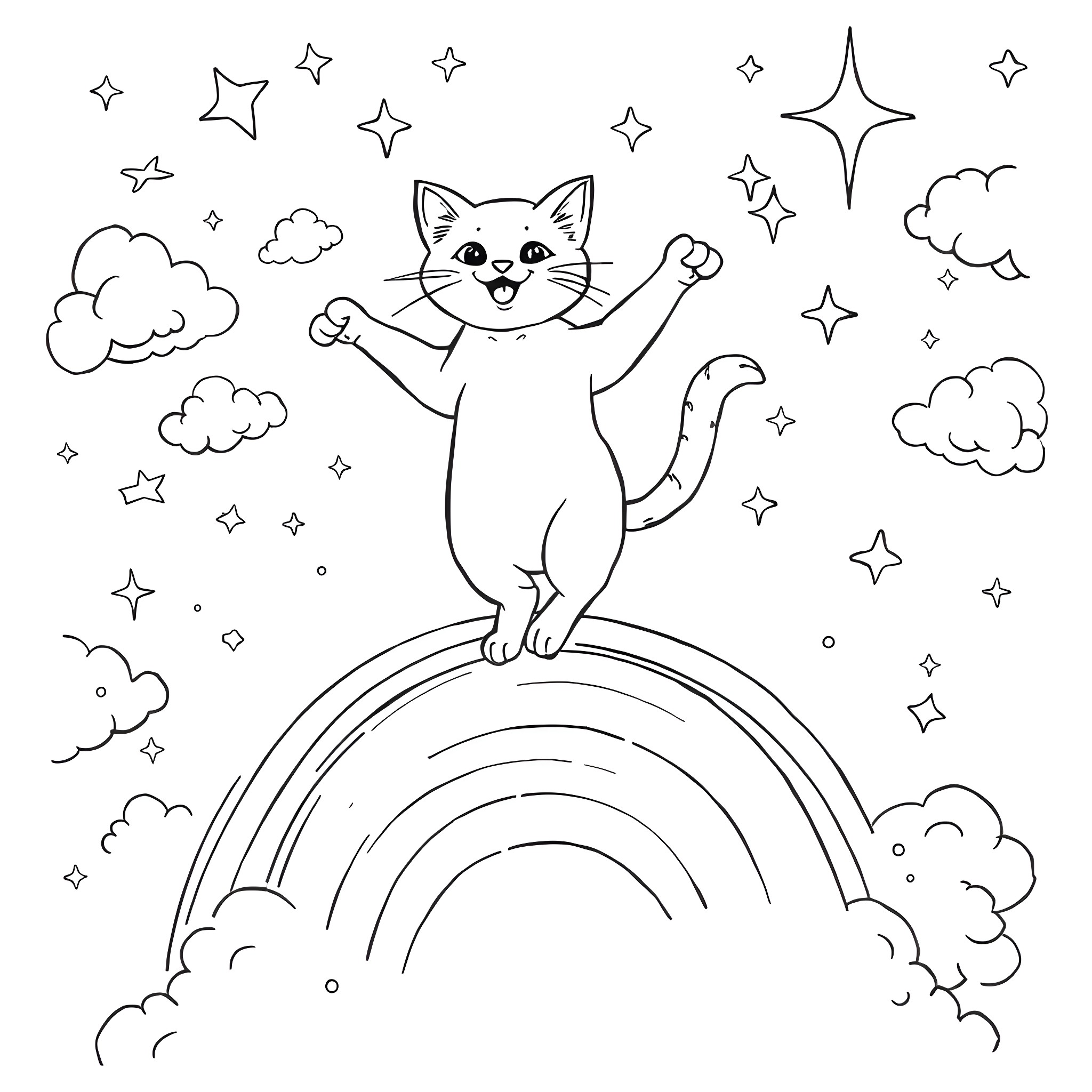 Cat Jumping with Joy on Rainbow Coloring Page (free black-and-white line drawing printable PDF for all, from beginners to advanced learners, including children, teens, adults, and seniors)