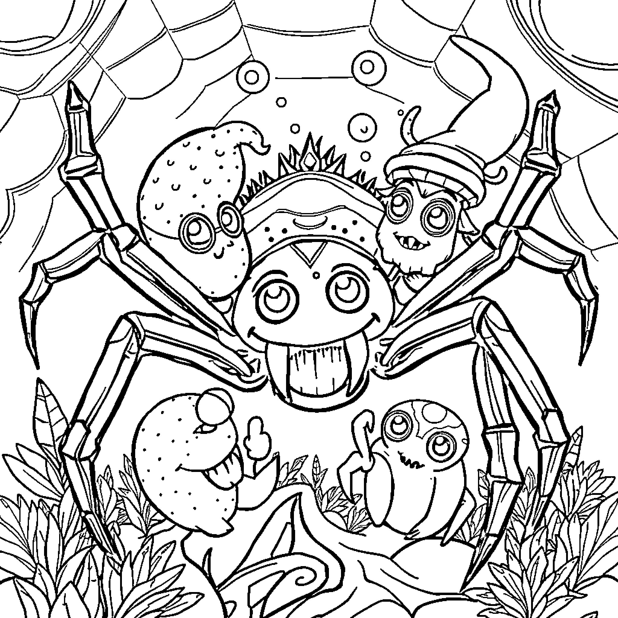 Spider friends exploring a whimsical wonderland Coloring Page (free black-and-white line drawing printable PDF for all, from beginners to advanced learners, including children, teens, adults, and seniors)
