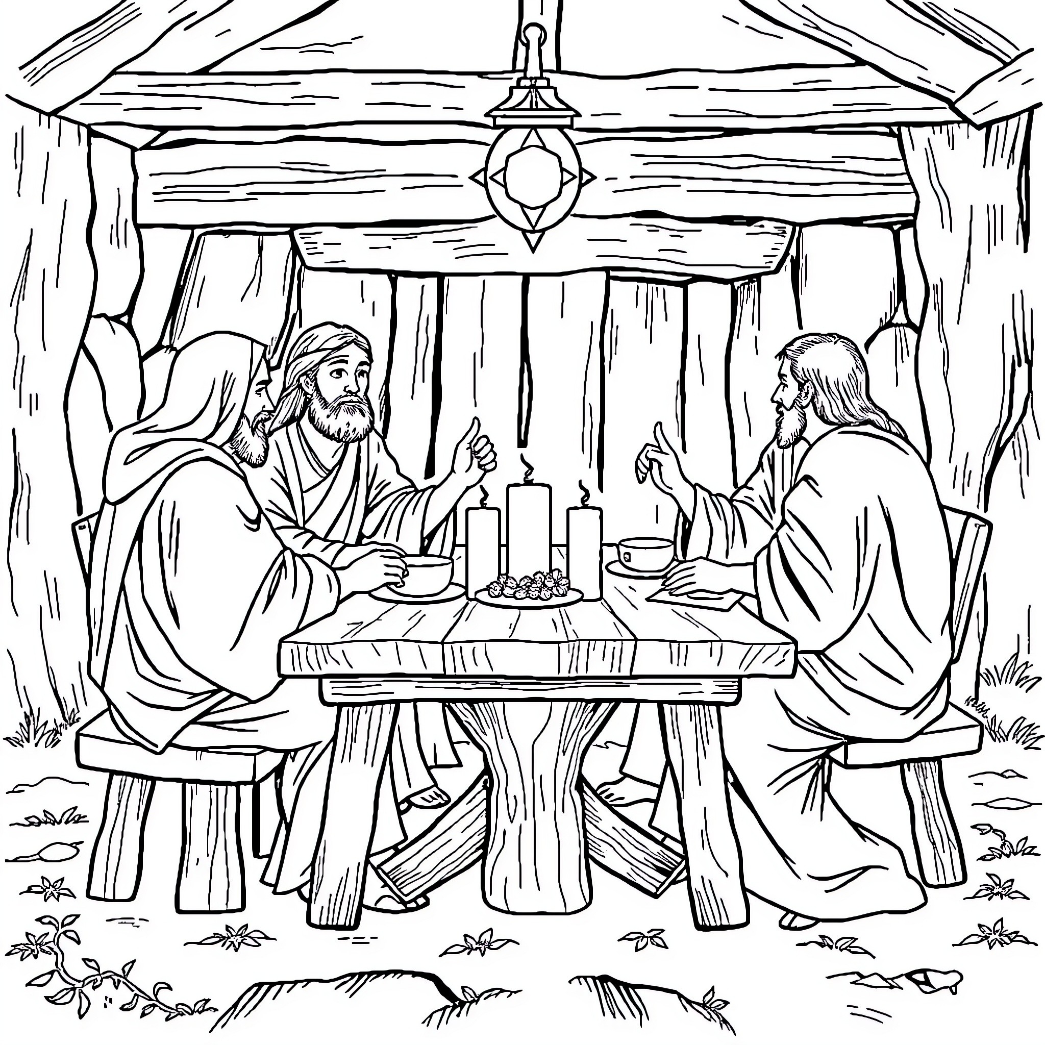 Jesus sharing a meal with his disciples Coloring Page (free black-and-white line drawing printable PDF for all, from beginners to advanced learners, including children, teens, adults, and seniors)