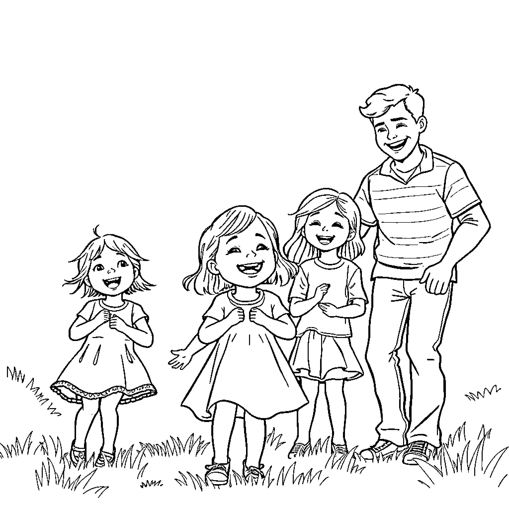 Girl and her family enjoying outdoor time Coloring Page (free black-and-white line drawing printable PDF for all, from beginners to advanced learners, including children, teens, adults, and seniors)