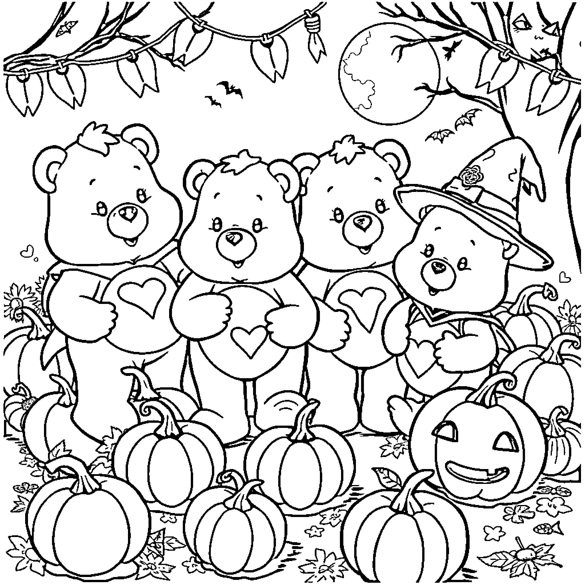 Care Bear friends enjoying Halloween festivities Coloring Page (free black-and-white line drawing printable PDF for all, from beginners to advanced learners, including children, teens, adults, and seniors)