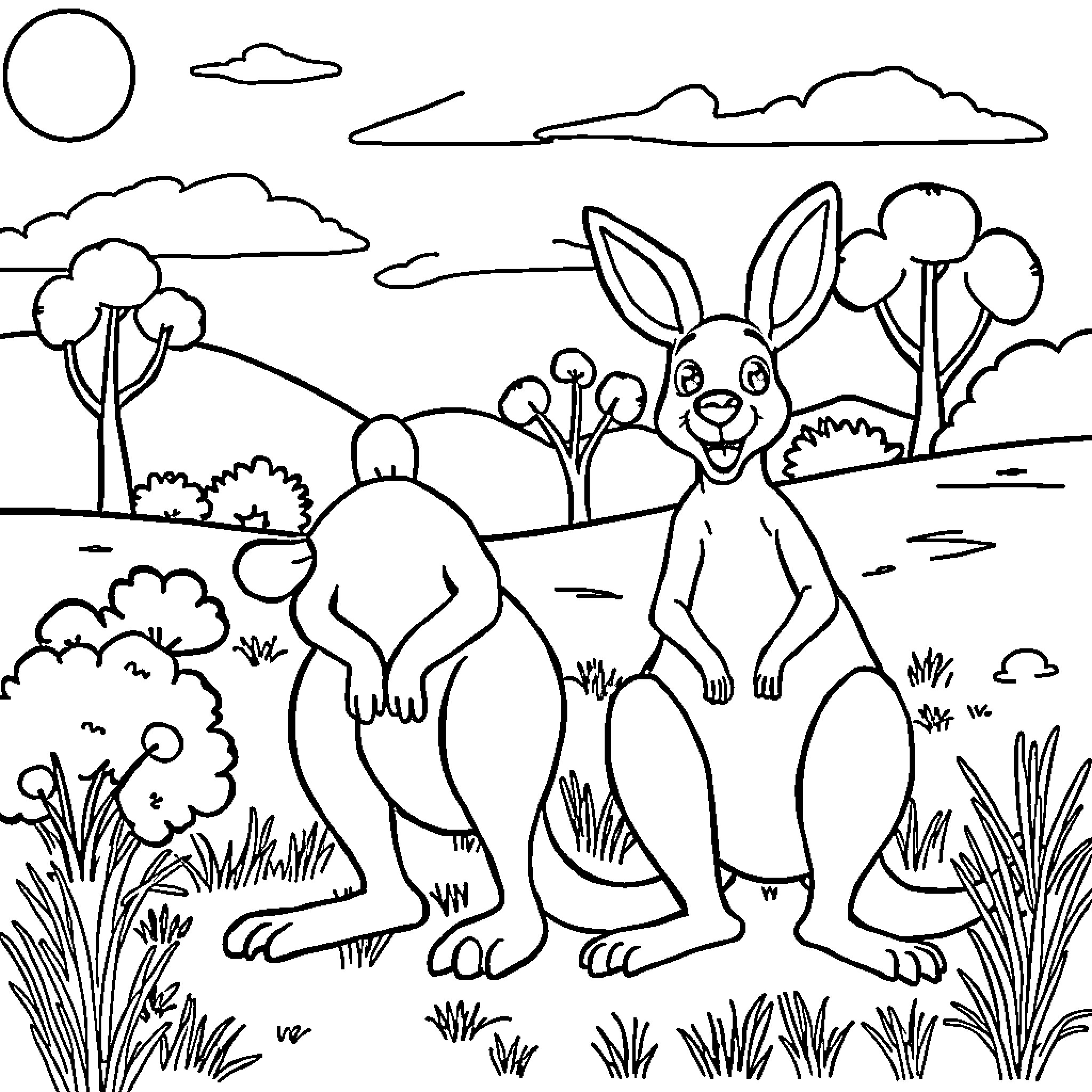 Bluey and friends explore the outdoor world Coloring Page (free black-and-white line drawing printable PDF for all, from beginners to advanced learners, including children, teens, adults, and seniors)