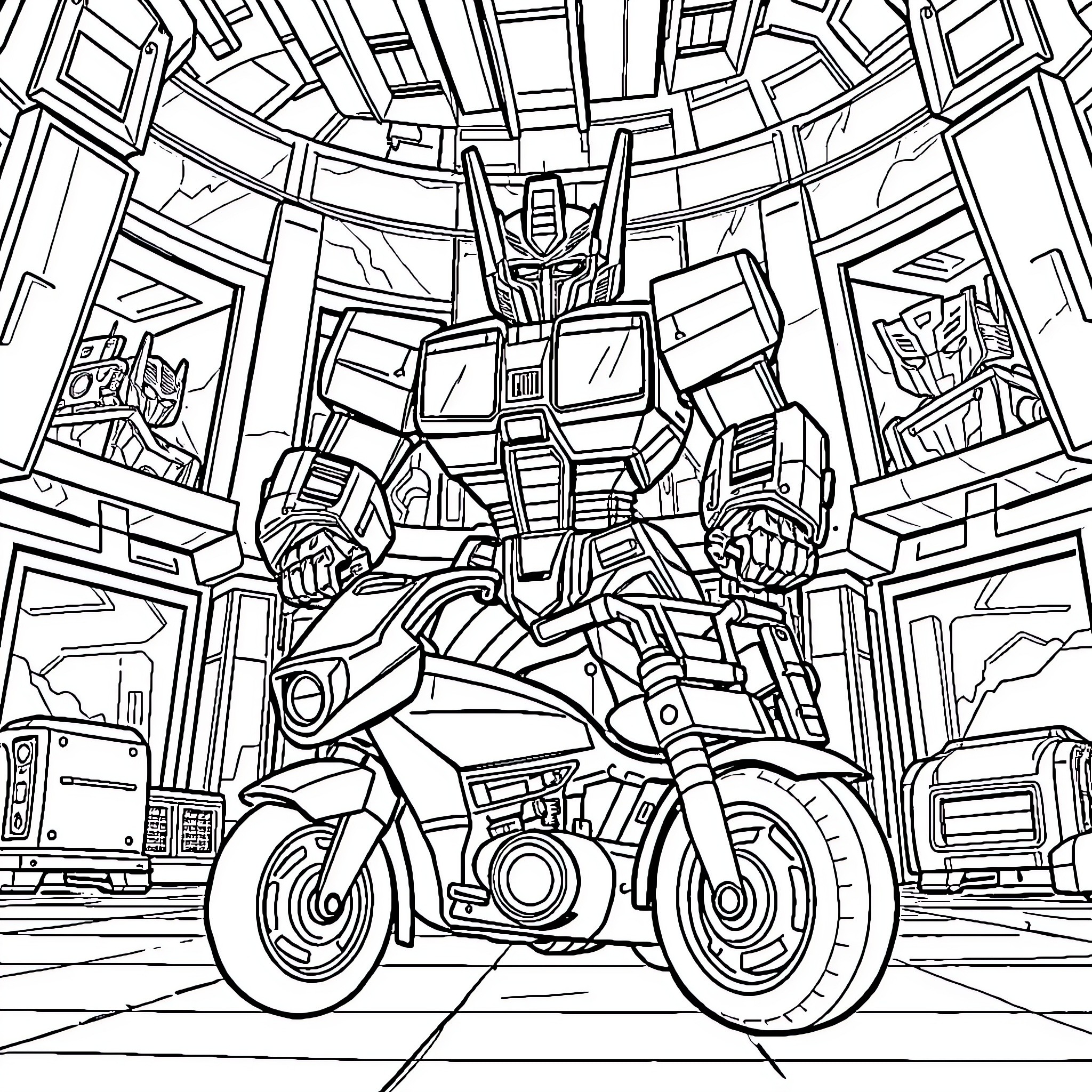 Transformer robot on motorcycle in futuristic city Coloring Page (free black-and-white line drawing printable PDF for all, from beginners to advanced learners, including children, teens, adults, and seniors)