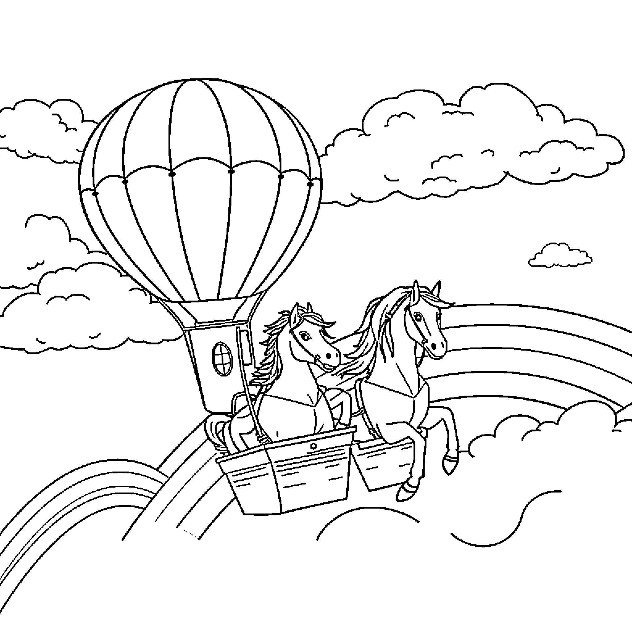 Horse-drawn Hot Air Balloon Ride through Cloudy Skies Coloring Page (free black-and-white line drawing printable PDF for all, from beginners to advanced learners, including children, teens, adults, and seniors)