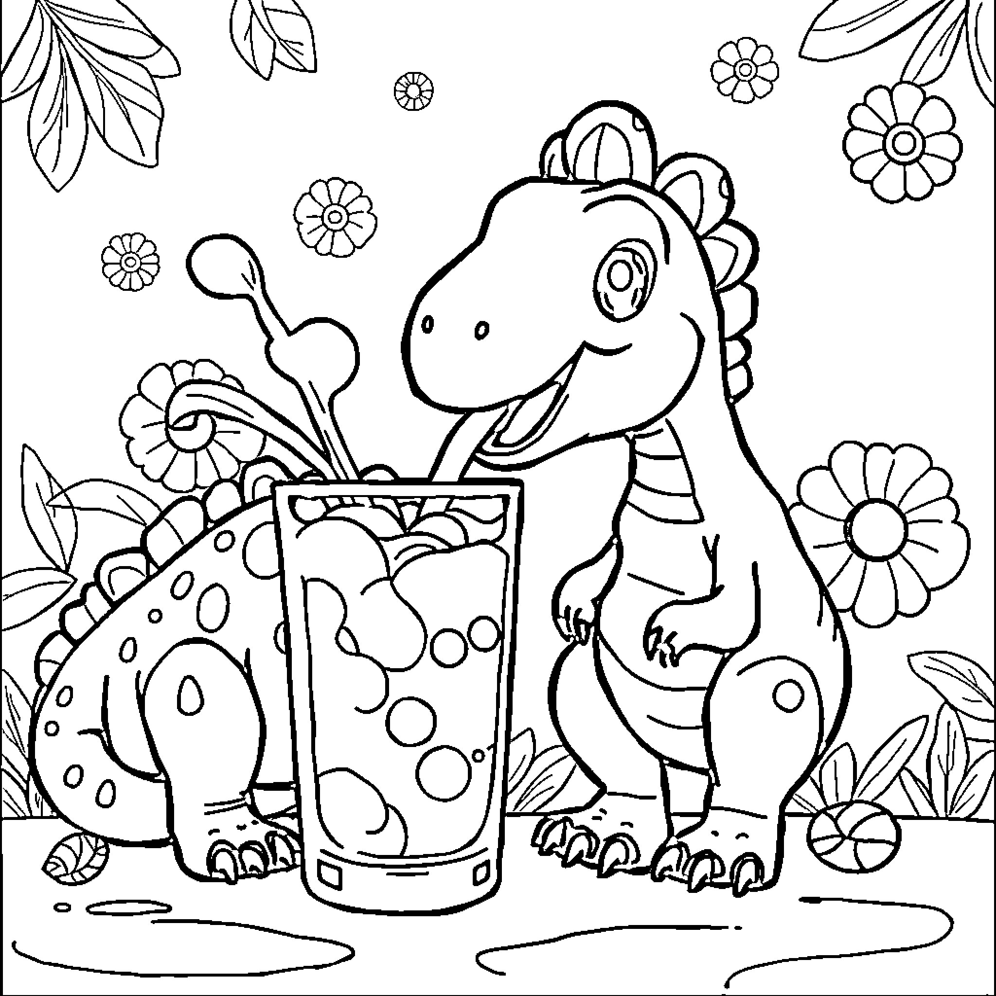Baby Dinosaur enjoying a flower-filled garden Coloring Page (free black-and-white line drawing printable PDF for all, from beginners to advanced learners, including children, teens, adults, and seniors)