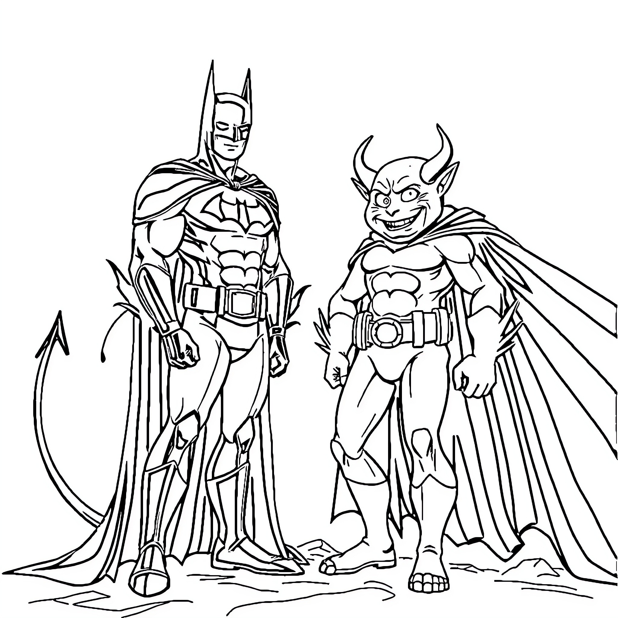 Batman and Demon Confront Each Other Coloring Page (free black-and-white line drawing printable PDF for all, from beginners to advanced learners, including children, teens, adults, and seniors)