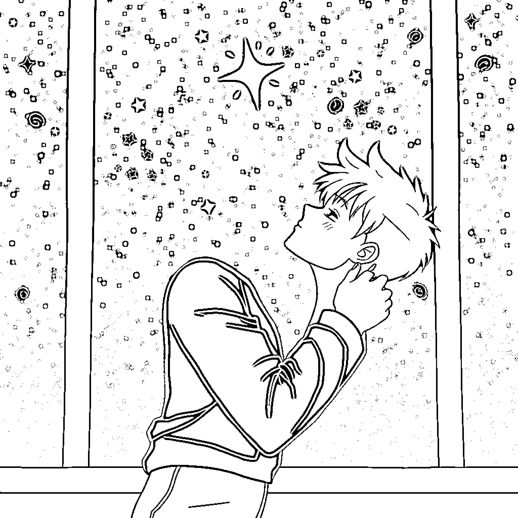Anime Boy gazing at the starry night sky Coloring Page (free black-and-white line drawing printable PDF for all, from beginners to advanced learners, including children, teens, adults, and seniors)
