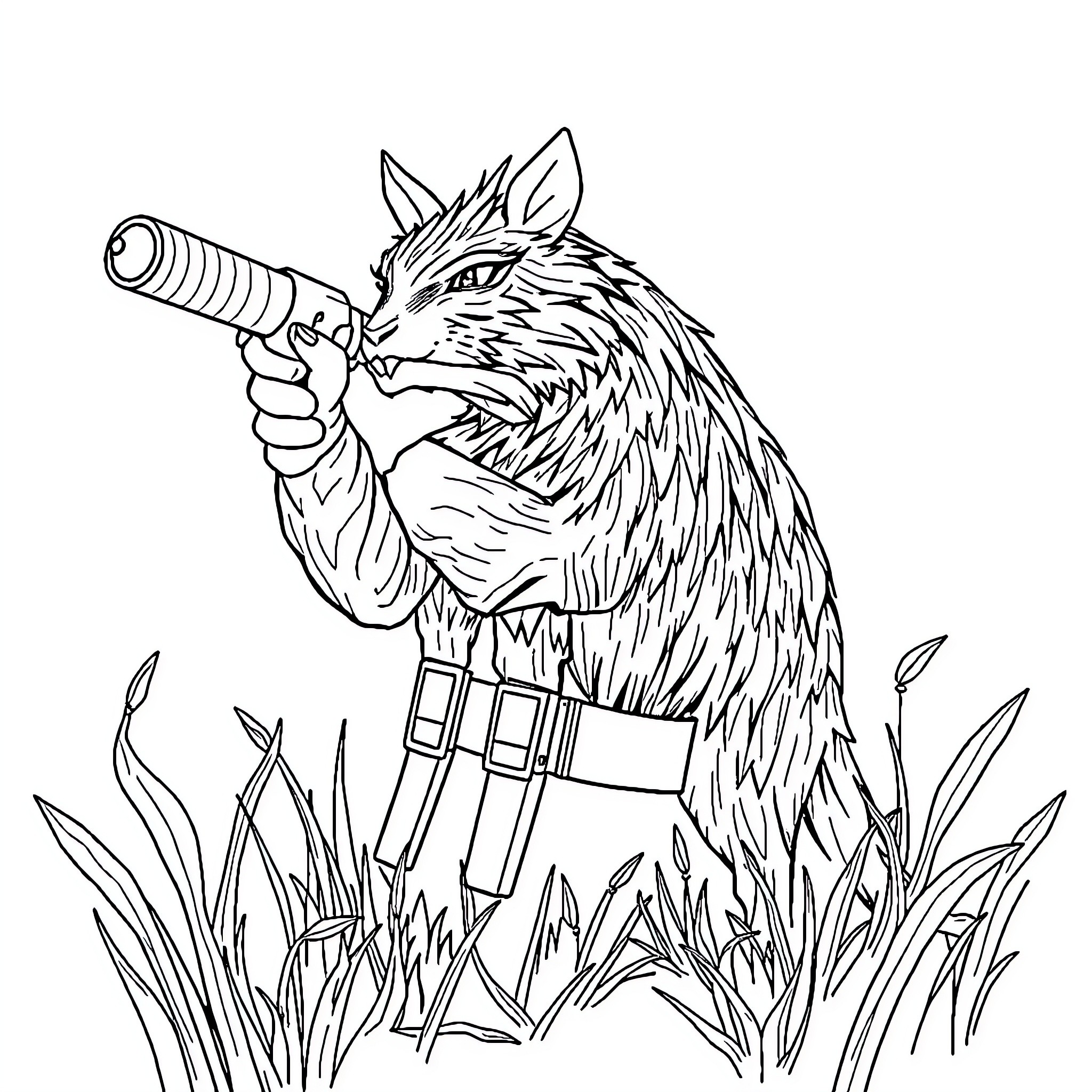 HUNTR/X armed warrior animal in tactical gear Coloring Page (free black-and-white line drawing printable PDF for all, from beginners to advanced learners, including children, teens, adults, and seniors)