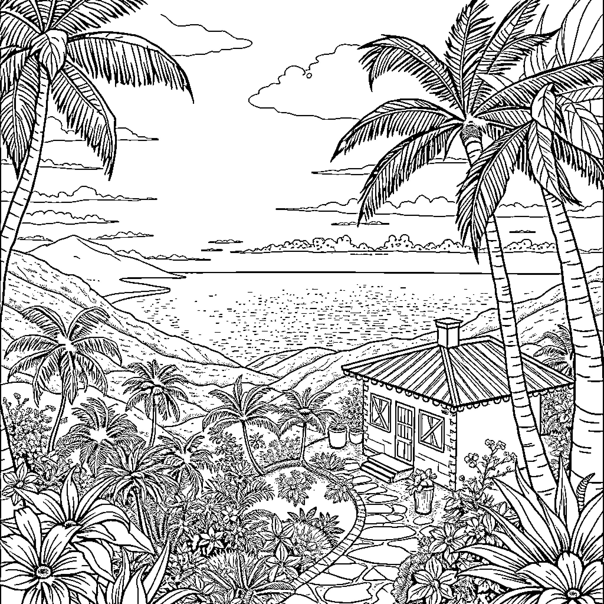 Cabin on a Tropical Beach with Palm Trees Coloring Page (free black-and-white line drawing printable PDF for all, from beginners to advanced learners, including children, teens, adults, and seniors)
