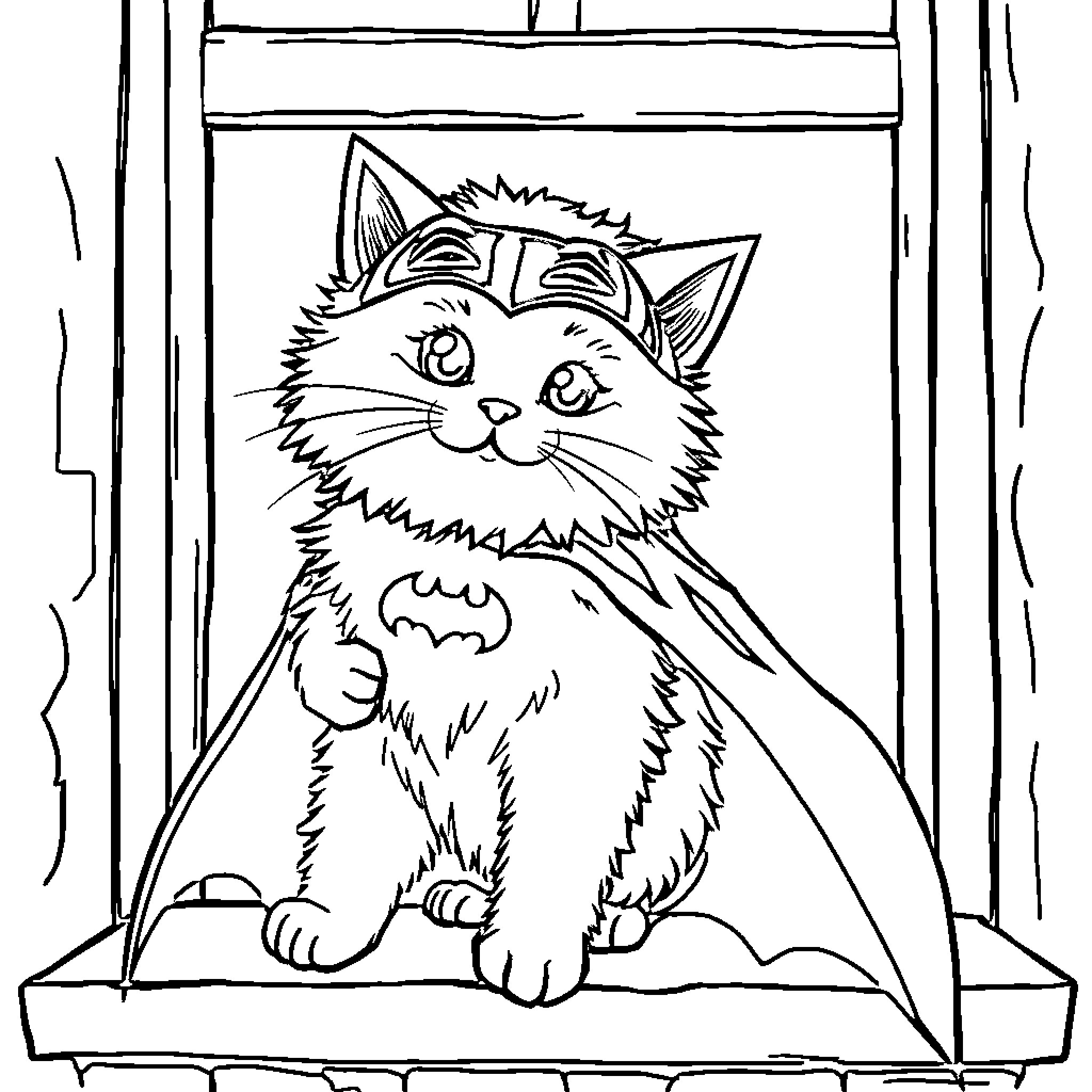 Cat Sitting on Window Sill Coloring Page (free black-and-white line drawing printable PDF for all, from beginners to advanced learners, including children, teens, adults, and seniors)