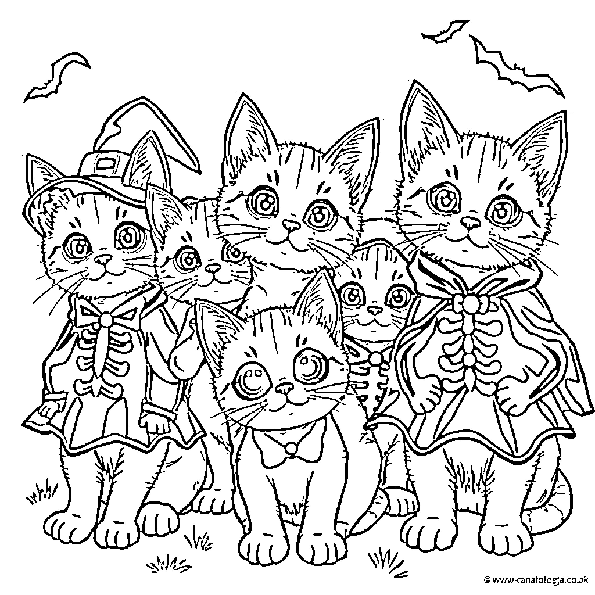 Kittens dressed up in Halloween costumes Coloring Page (free black-and-white line drawing printable PDF for all, from beginners to advanced learners, including children, teens, adults, and seniors)