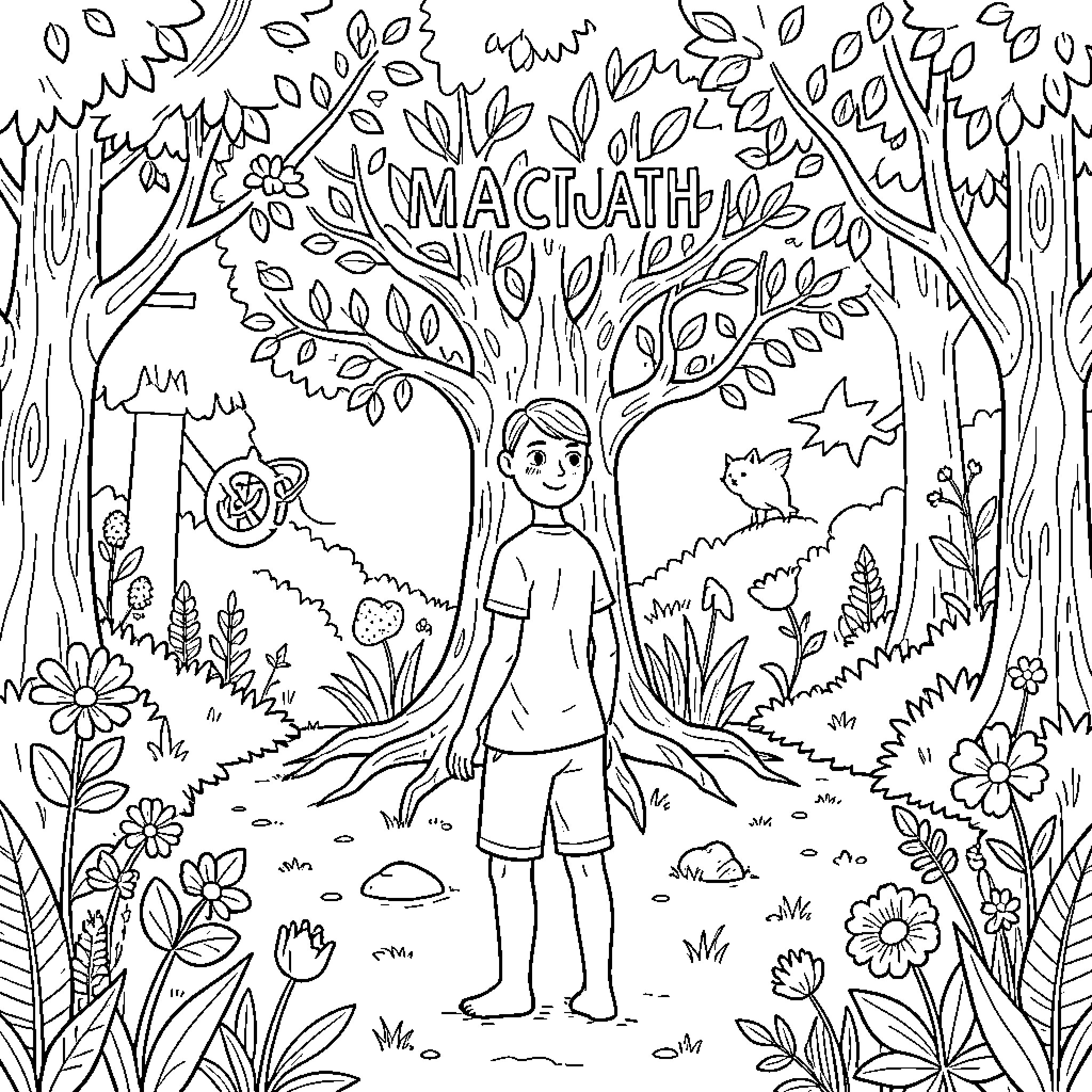 Nature's Enchanting Forest Exploration Coloring Page (free black-and-white line drawing printable PDF for all, from beginners to advanced learners, including children, teens, adults, and seniors)