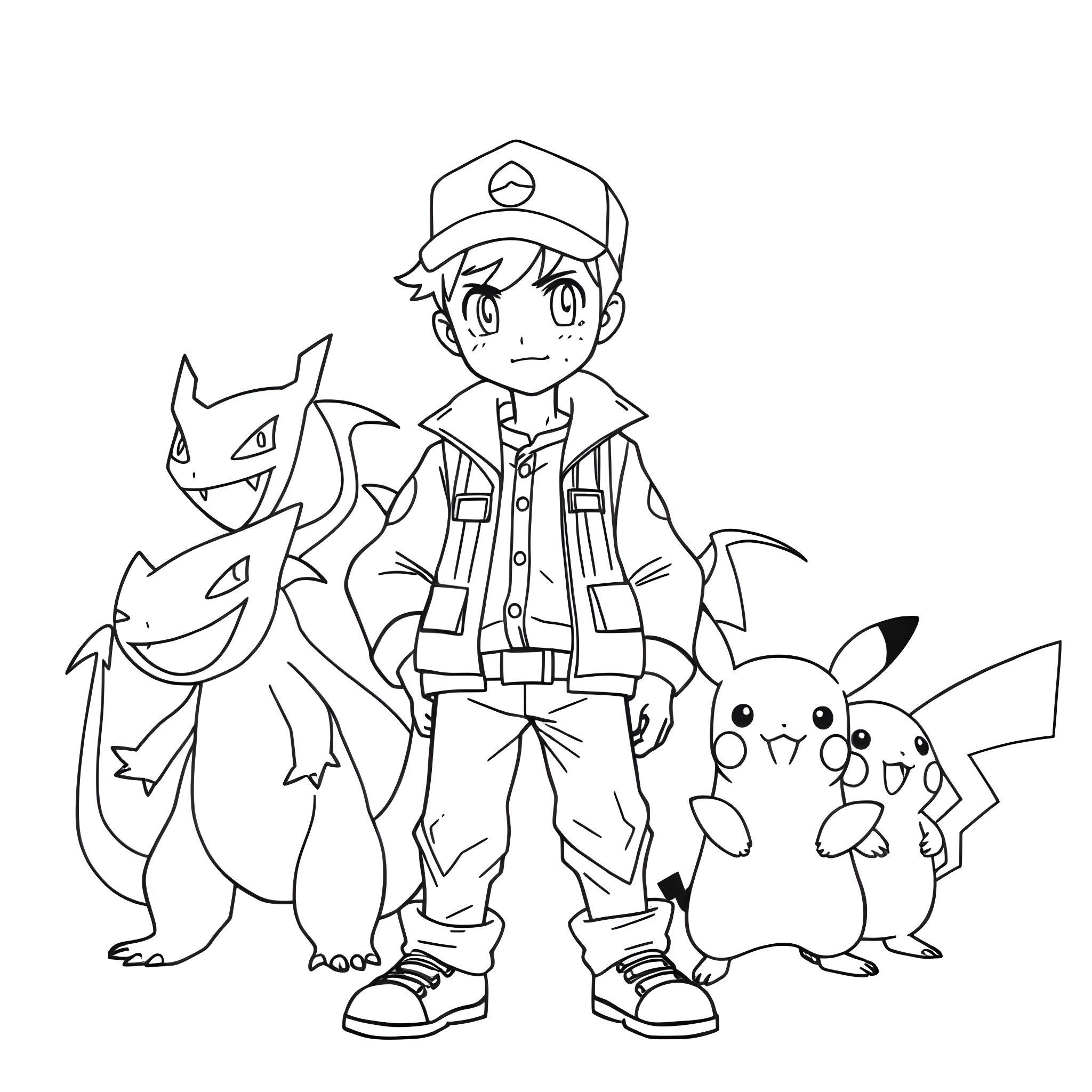 Boy and his Pokemon friends Coloring Page (free black-and-white line drawing printable PDF for all, from beginners to advanced learners, including children, teens, adults, and seniors)