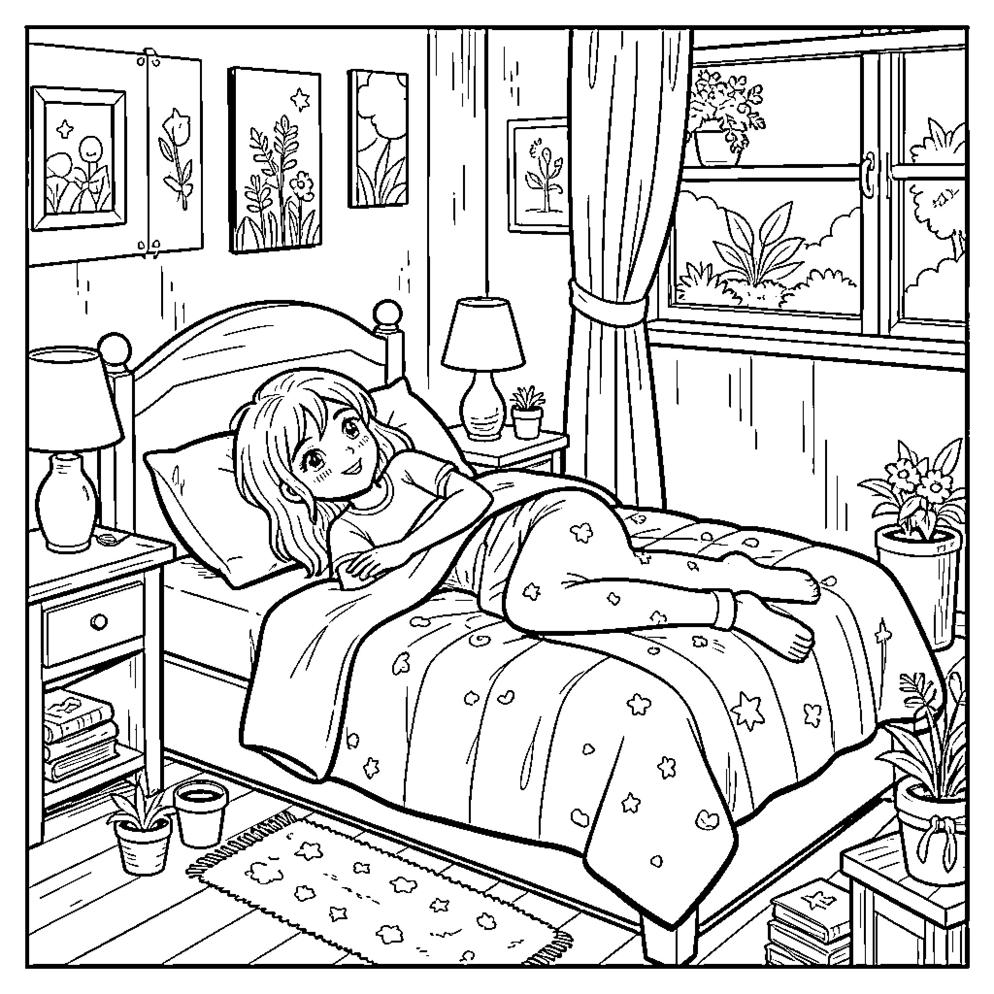 Qiz relaxing happily on a cozy bed Coloring Page (free black-and-white line drawing printable PDF for all, from beginners to advanced learners, including children, teens, adults, and seniors)