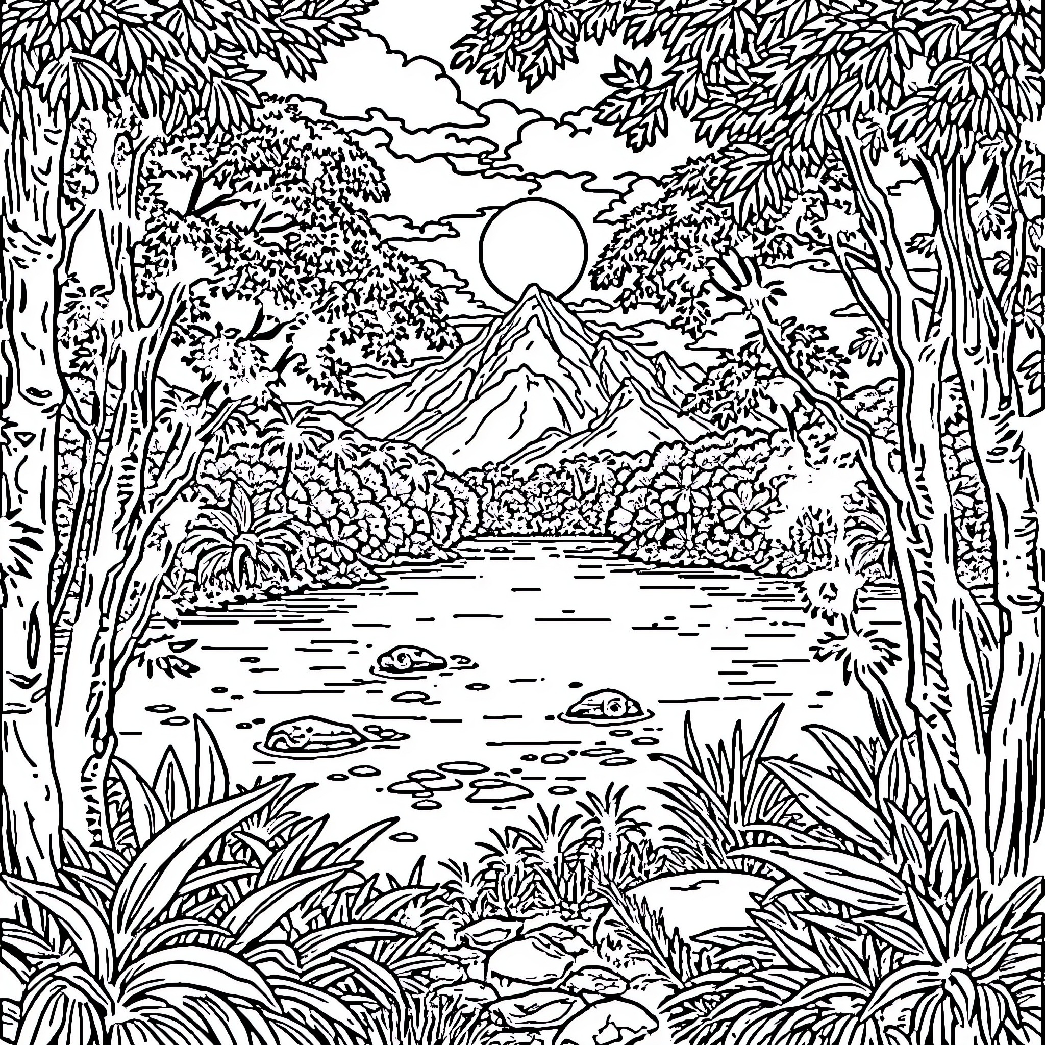 Nature Landscape with Majestic Mountain and Lake Coloring Page (free black-and-white line drawing printable PDF for all, from beginners to advanced learners, including children, teens, adults, and seniors)