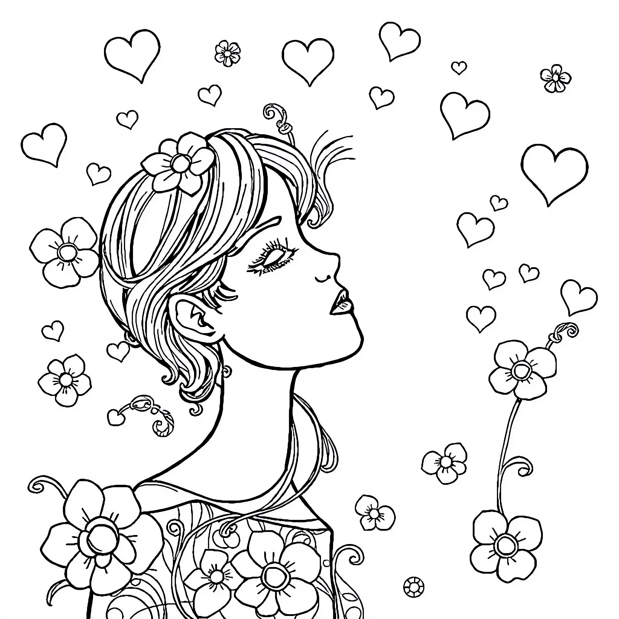 Emotion of a Whimsical Floral Beauty Coloring Page (free black-and-white line drawing printable PDF for all, from beginners to advanced learners, including children, teens, adults, and seniors)