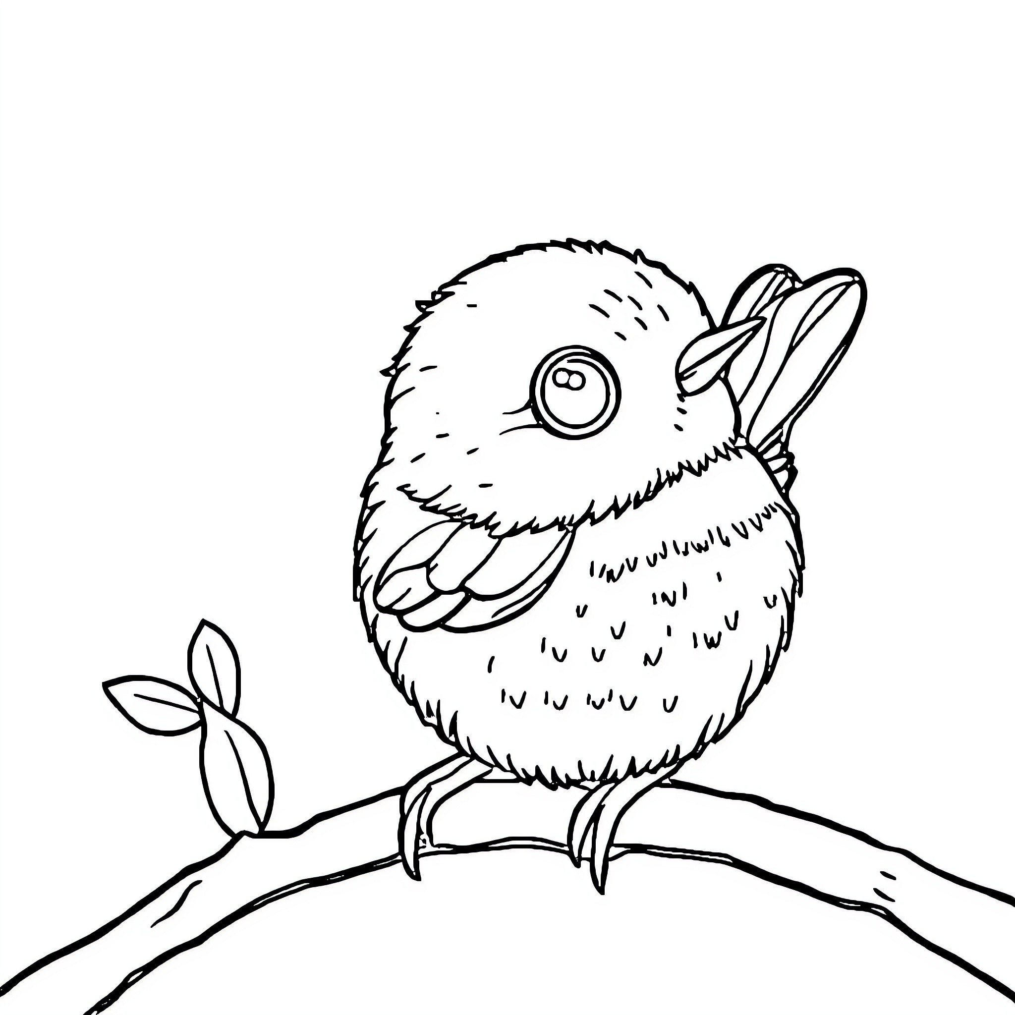 House with a fluffy bird on a branch Coloring Page (free black-and-white line drawing printable PDF for all, from beginners to advanced learners, including children, teens, adults, and seniors)