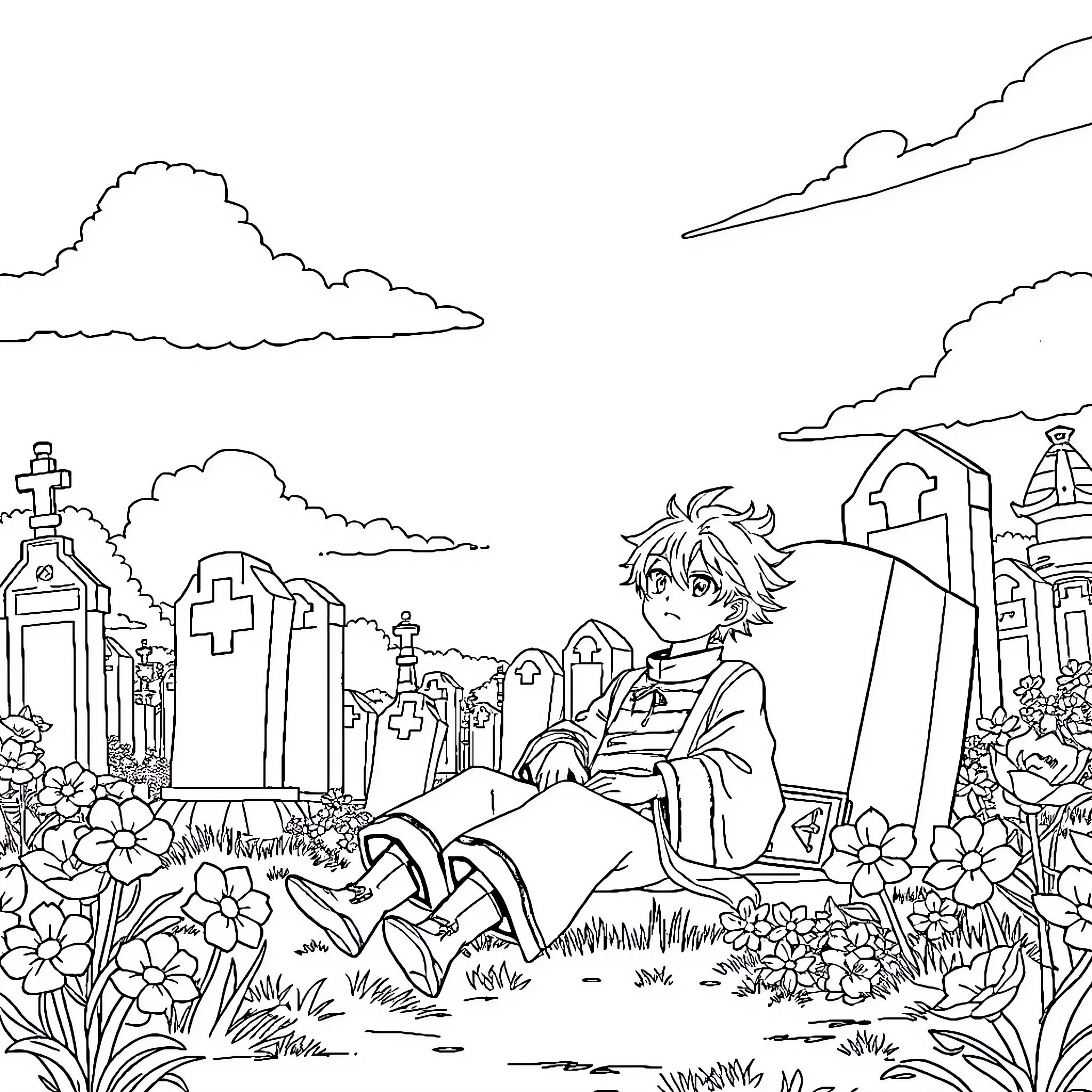 Hu Tao resting peacefully in a graveyard Coloring Page (free black-and-white line drawing printable PDF for all, from beginners to advanced learners, including children, teens, adults, and seniors)