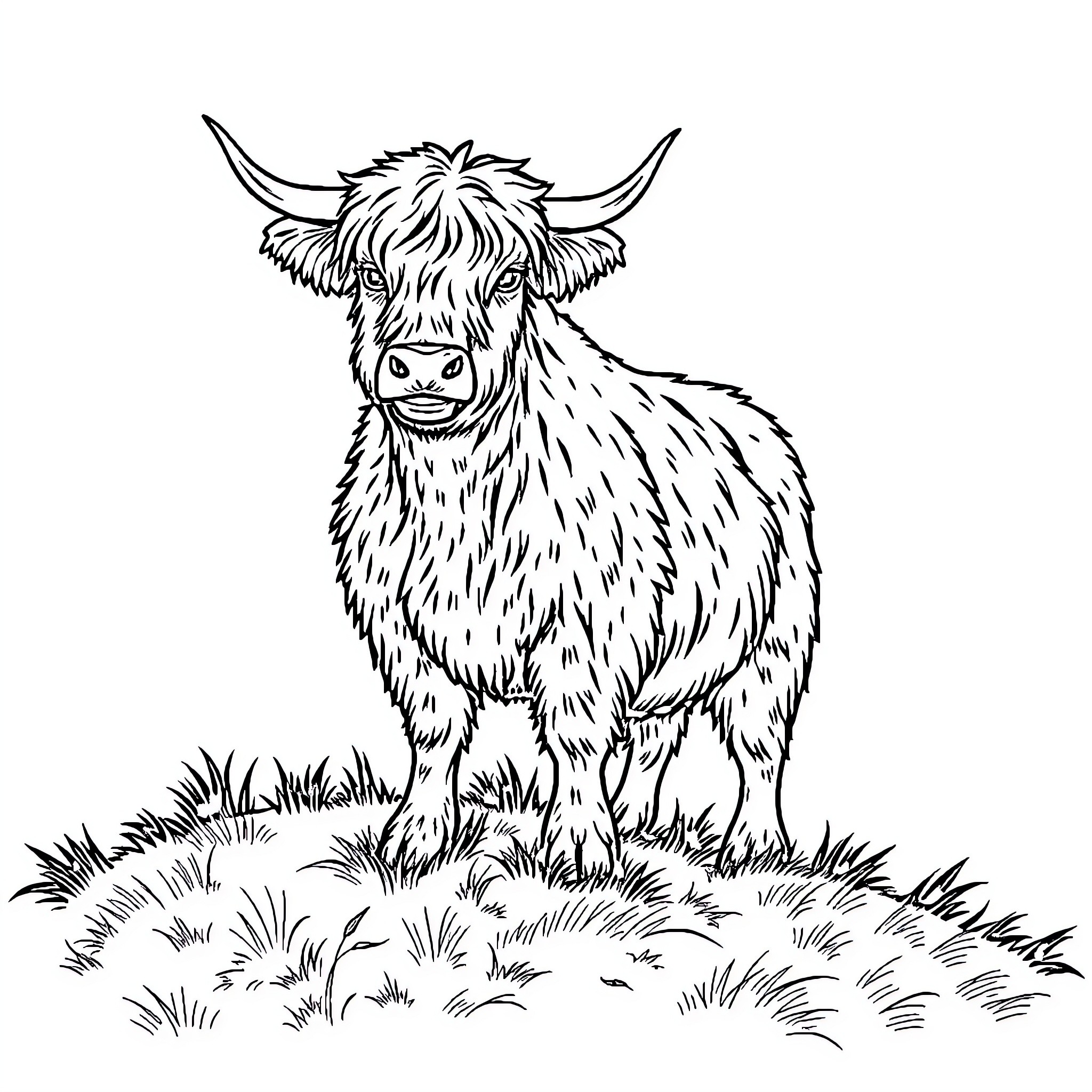 Highland Cow standing tall in a grassy field Coloring Page (free black-and-white line drawing printable PDF for all, from beginners to advanced learners, including children, teens, adults, and seniors)