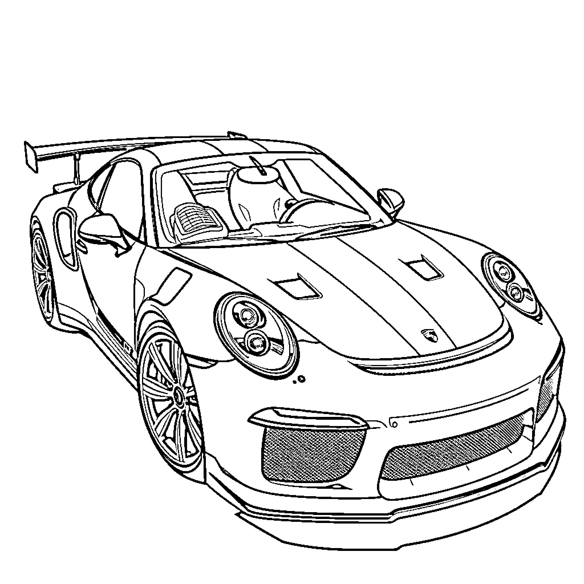 Porsche race car in black and white outline Coloring Page (free black-and-white line drawing printable PDF for all, from beginners to advanced learners, including children, teens, adults, and seniors)