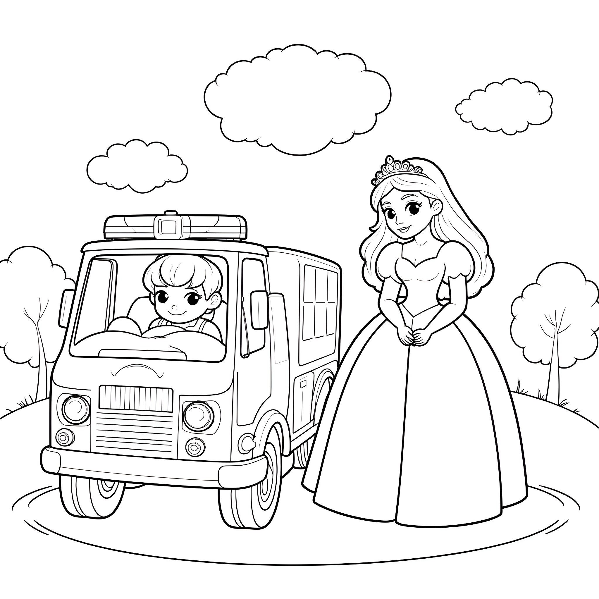 Disney Princess in a Fancy Carriage Coloring Page (free black-and-white line drawing printable PDF for all, from beginners to advanced learners, including children, teens, adults, and seniors)