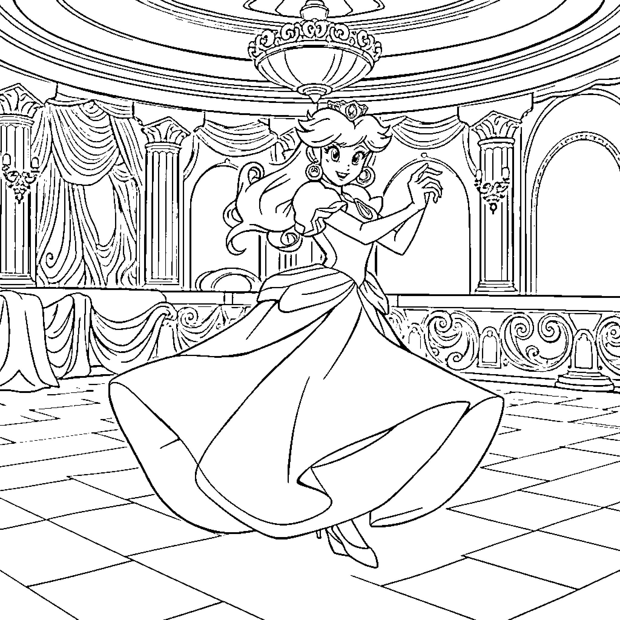 Princess Peach Dancing Gracefully in an Elegant Palace Coloring Page (free black-and-white line drawing printable PDF for all, from beginners to advanced learners, including children, teens, adults, and seniors)