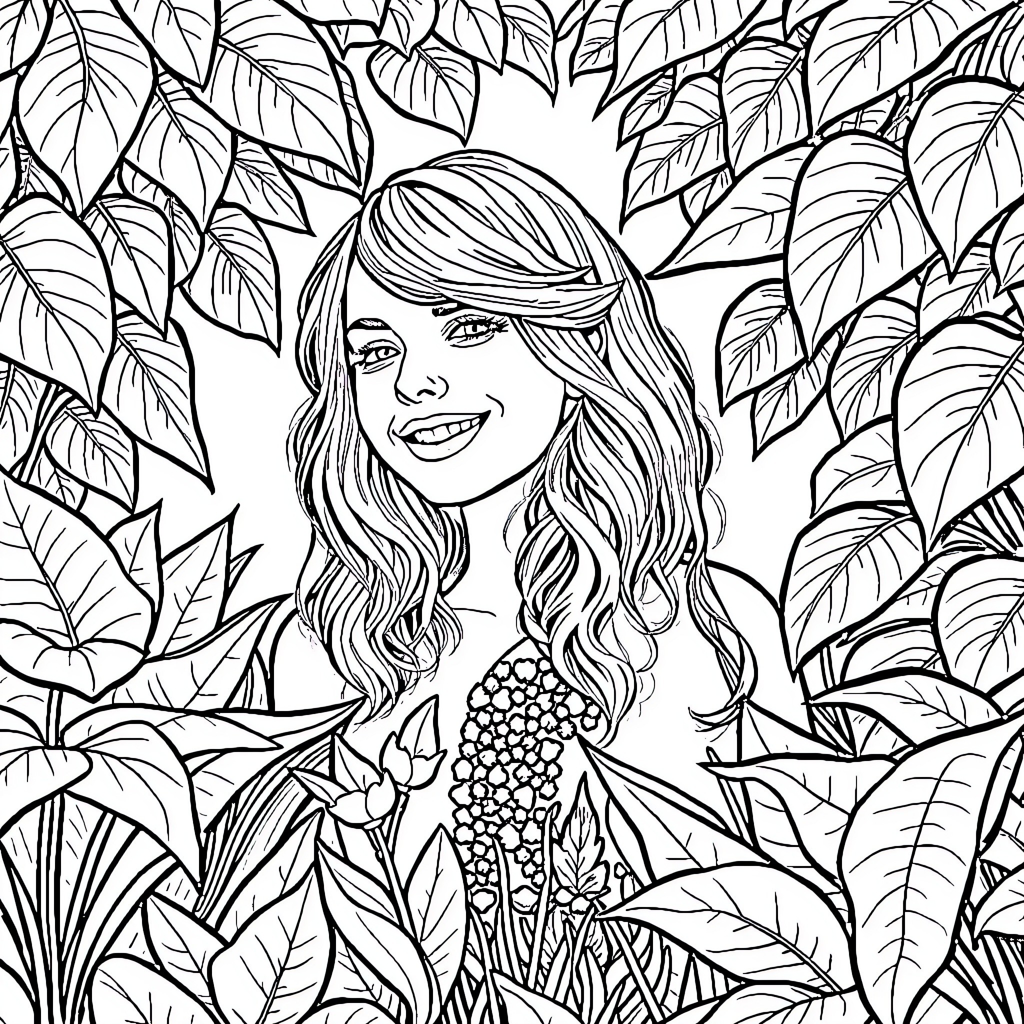 Taylor Swift surrounded by nature in a detailed drawing Coloring Page (free black-and-white line drawing printable PDF for all, from beginners to advanced learners, including children, teens, adults, and seniors)