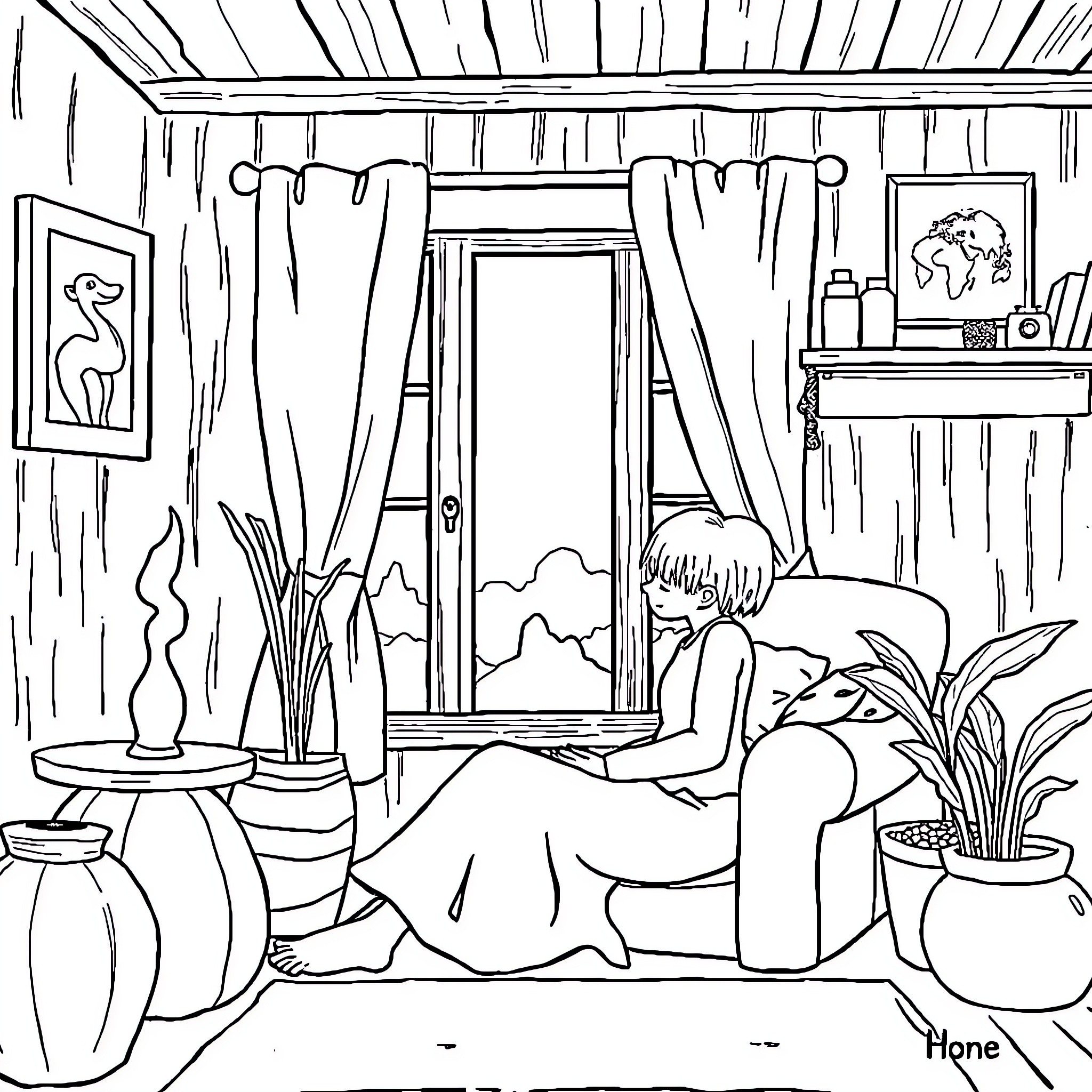 Hone Cozy Interior with Tranquil Ambiance Coloring Page (free black-and-white line drawing printable PDF for all, from beginners to advanced learners, including children, teens, adults, and seniors)