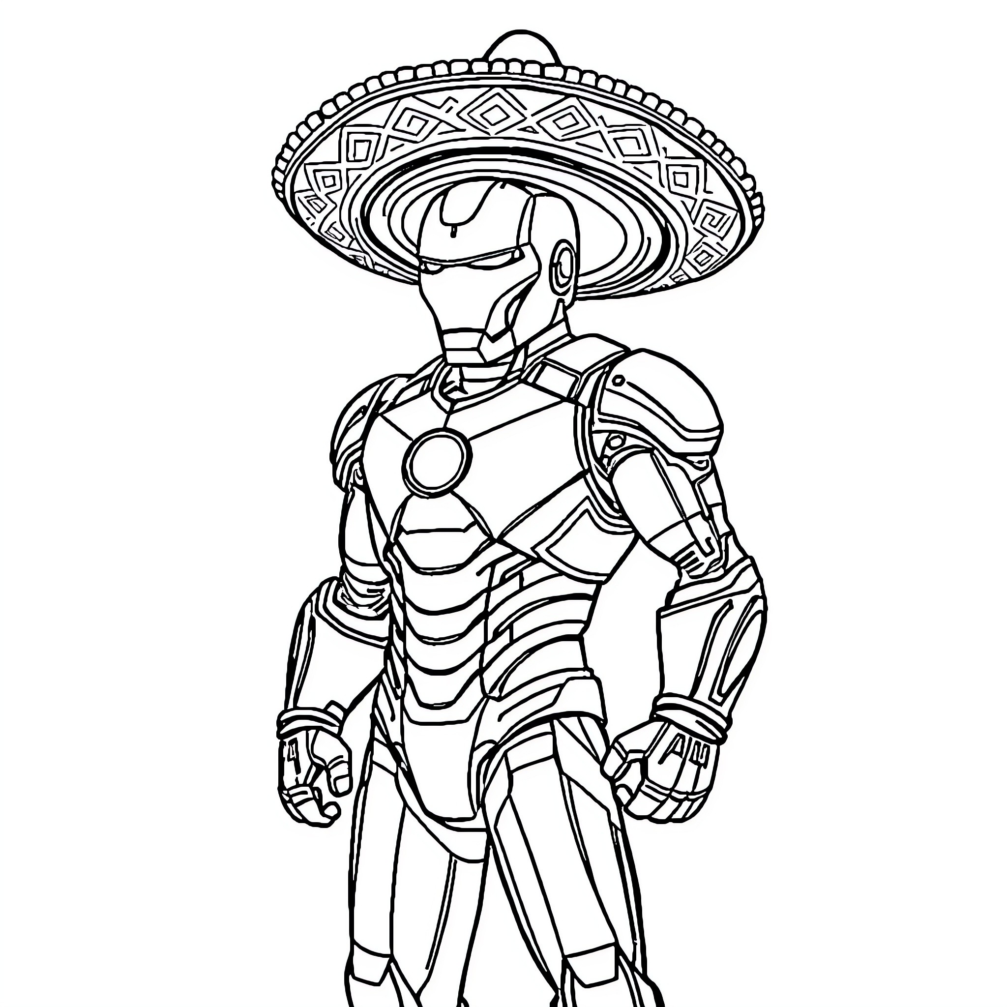 Iron Man wearing Mexican sombrero in action pose Coloring Page (free black-and-white line drawing printable PDF for all, from beginners to advanced learners, including children, teens, adults, and seniors)