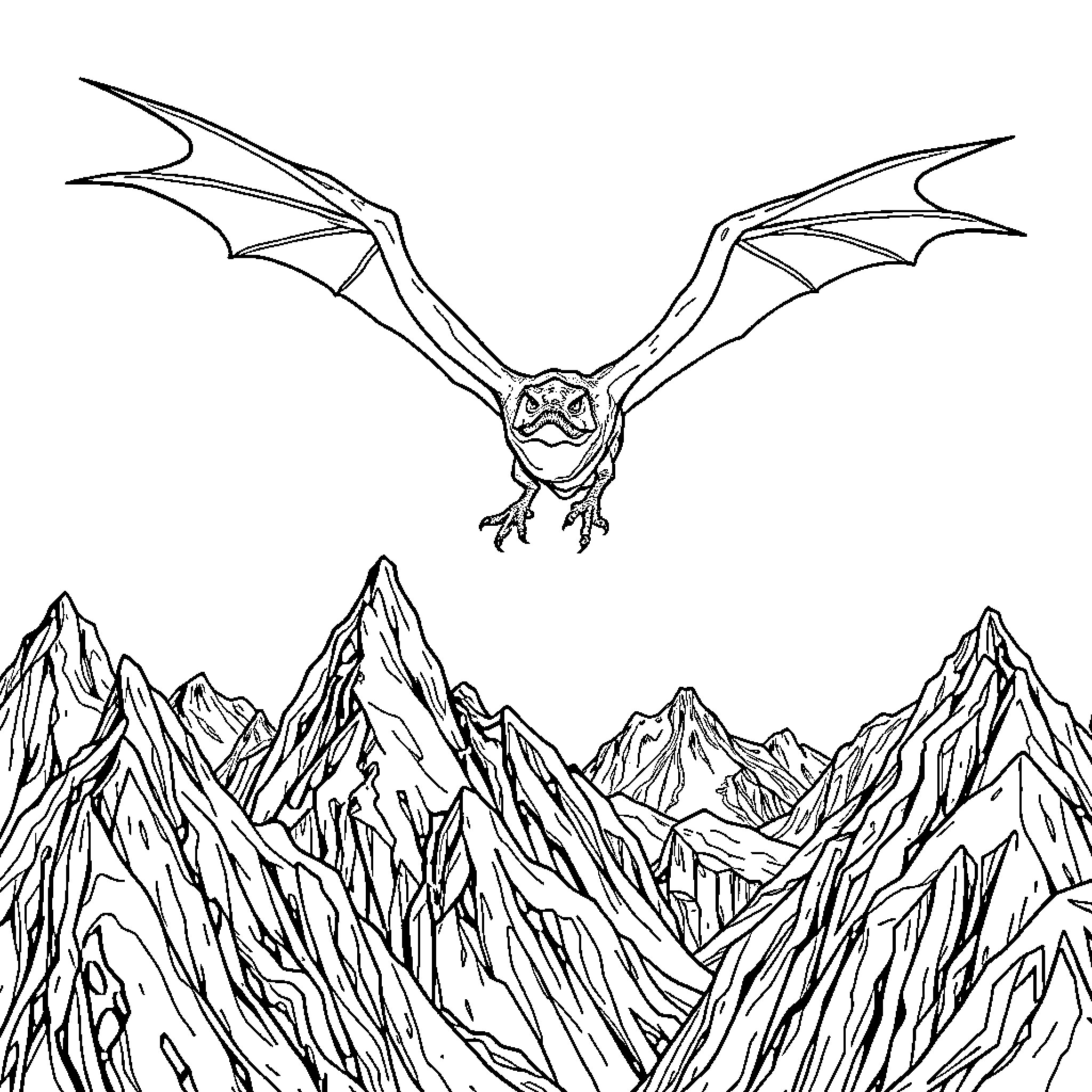Pterodactyl soaring over rugged mountain peaks Coloring Page (free black-and-white line drawing printable PDF for all, from beginners to advanced learners, including children, teens, adults, and seniors)