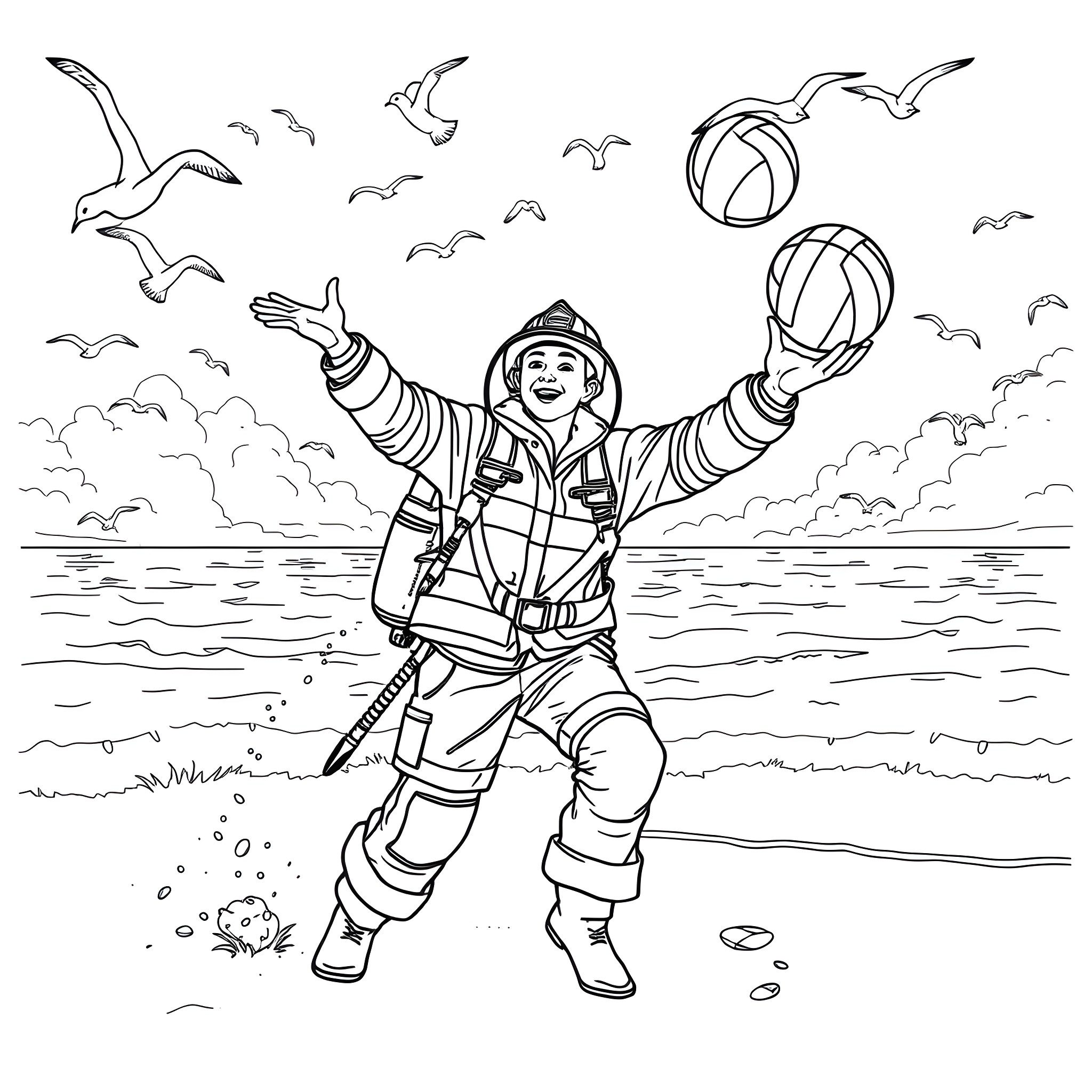 Firefighter rescuing beach balls in the ocean Coloring Page (free black-and-white line drawing printable PDF for all, from beginners to advanced learners, including children, teens, adults, and seniors)