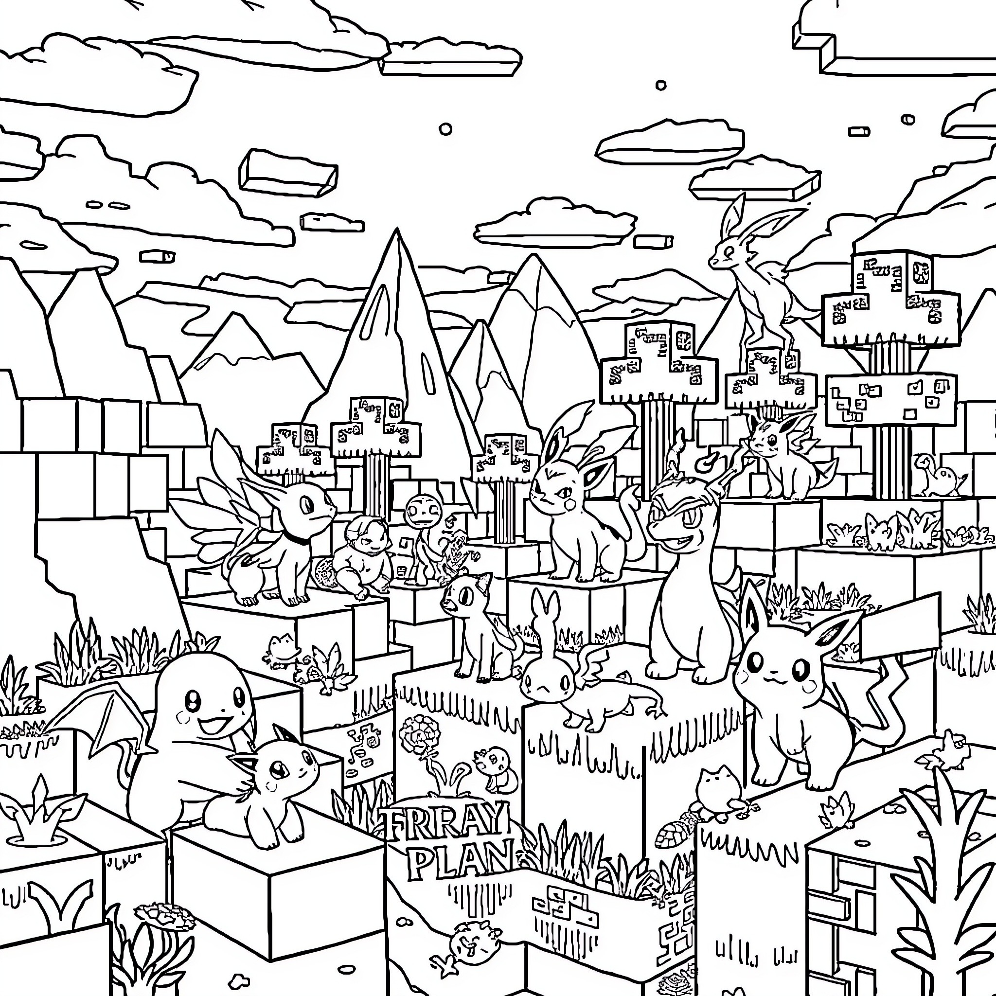 Minecraft Pokemon adventure in the wild landscape Coloring Page (free black-and-white line drawing printable PDF for all, from beginners to advanced learners, including children, teens, adults, and seniors)